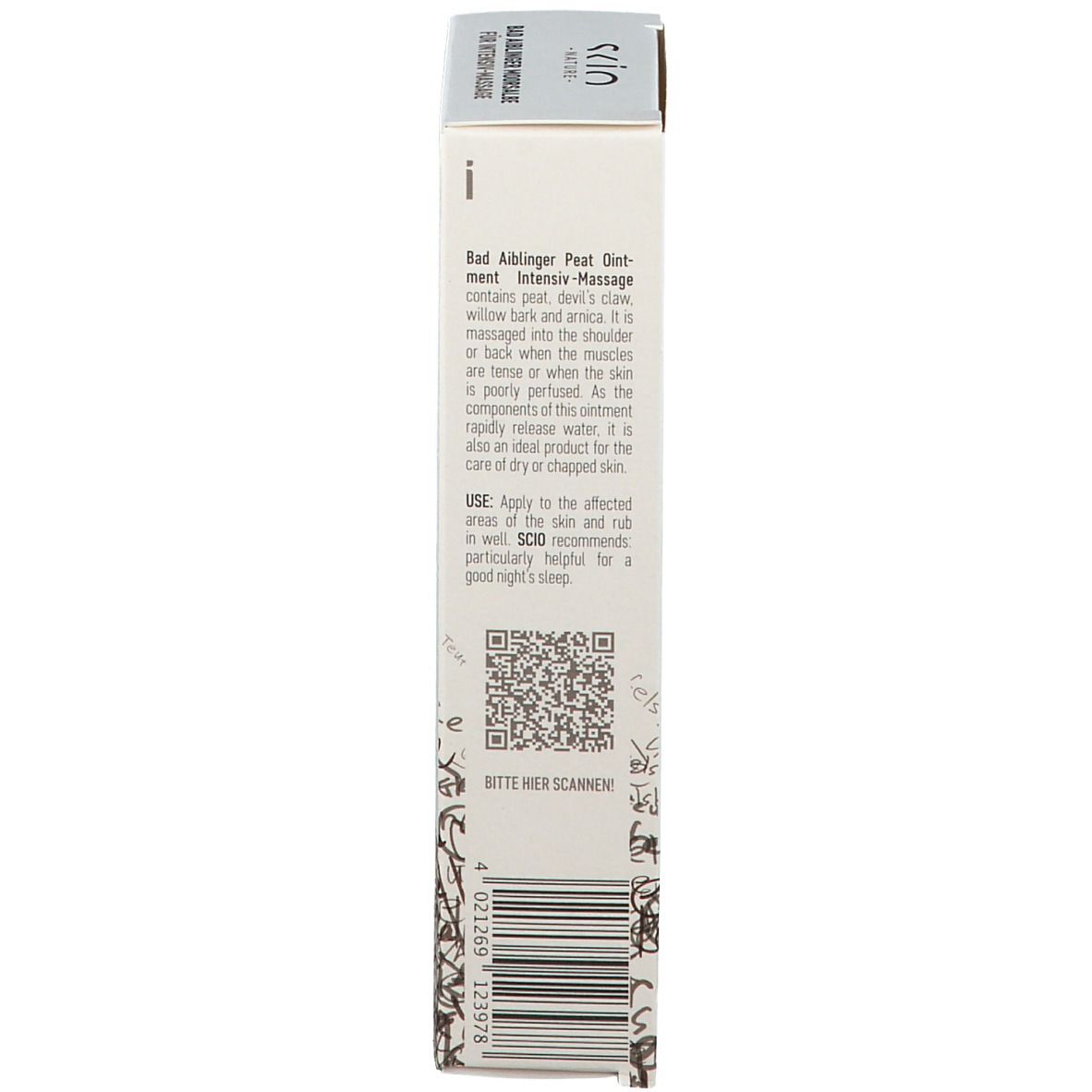 Scatola, vista laterale. Testo: Bad Aiblinger Moorsalbe zur Intensiv-Massage. Marchio: SKIO Nature. Codice QR.