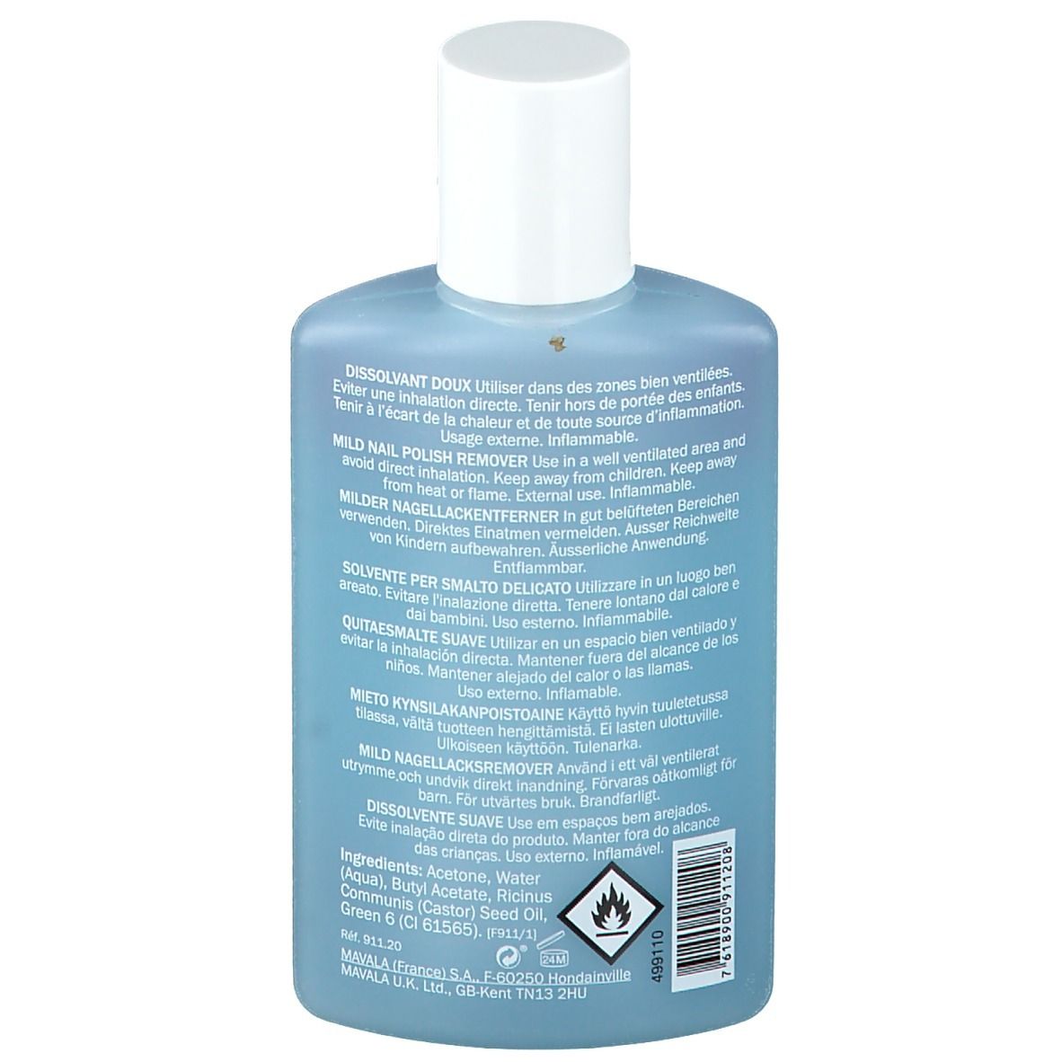 Retro del flacone di solvente per unghie. Testo multilingue. Avvertenze e ingredienti visibili.