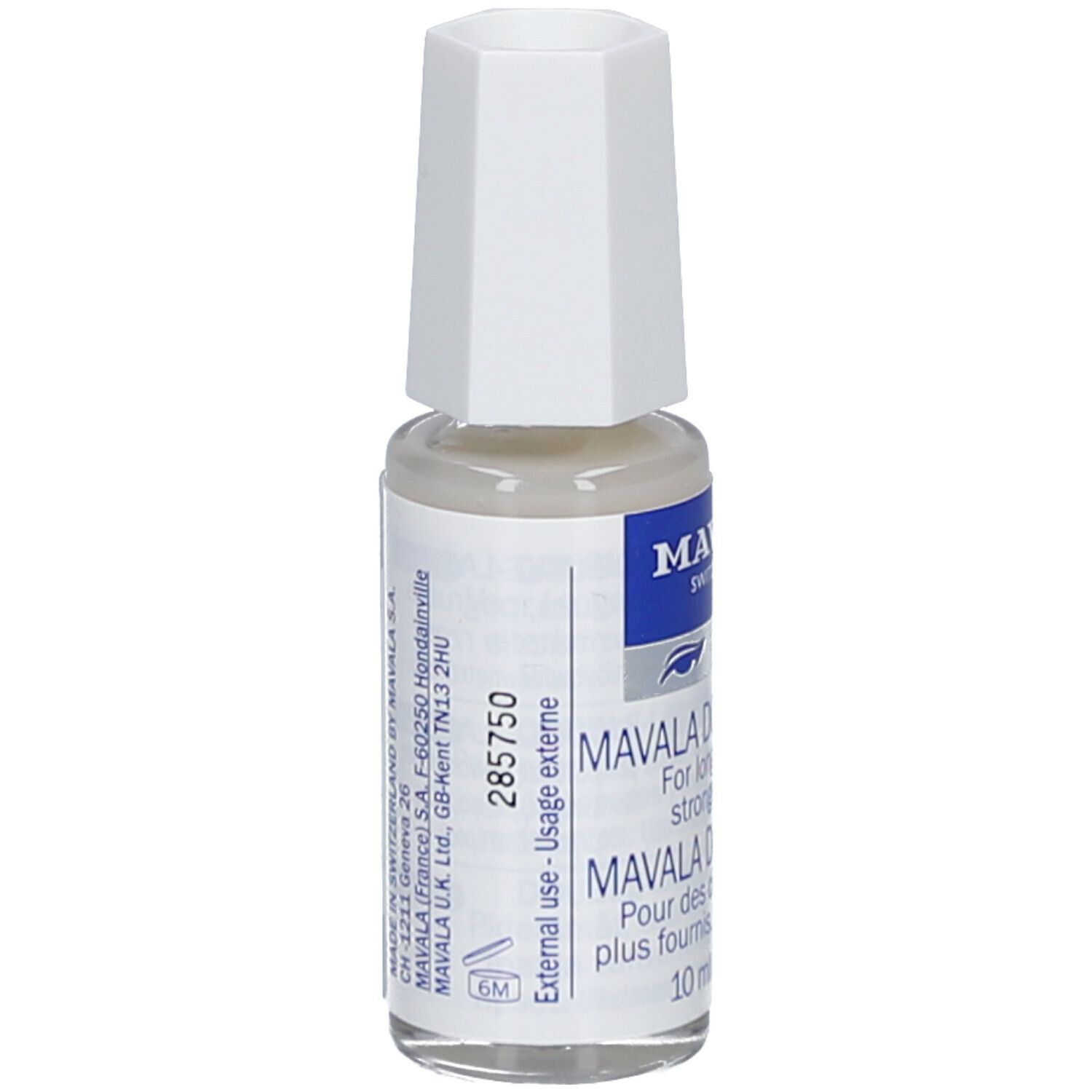 Piccola bottiglia con tappo bianco. Scritta: MAVALA SWITZERLAND, DOUBLE-LASH, DOUBLE-CILS. 10 ml / .3 fl. oz.