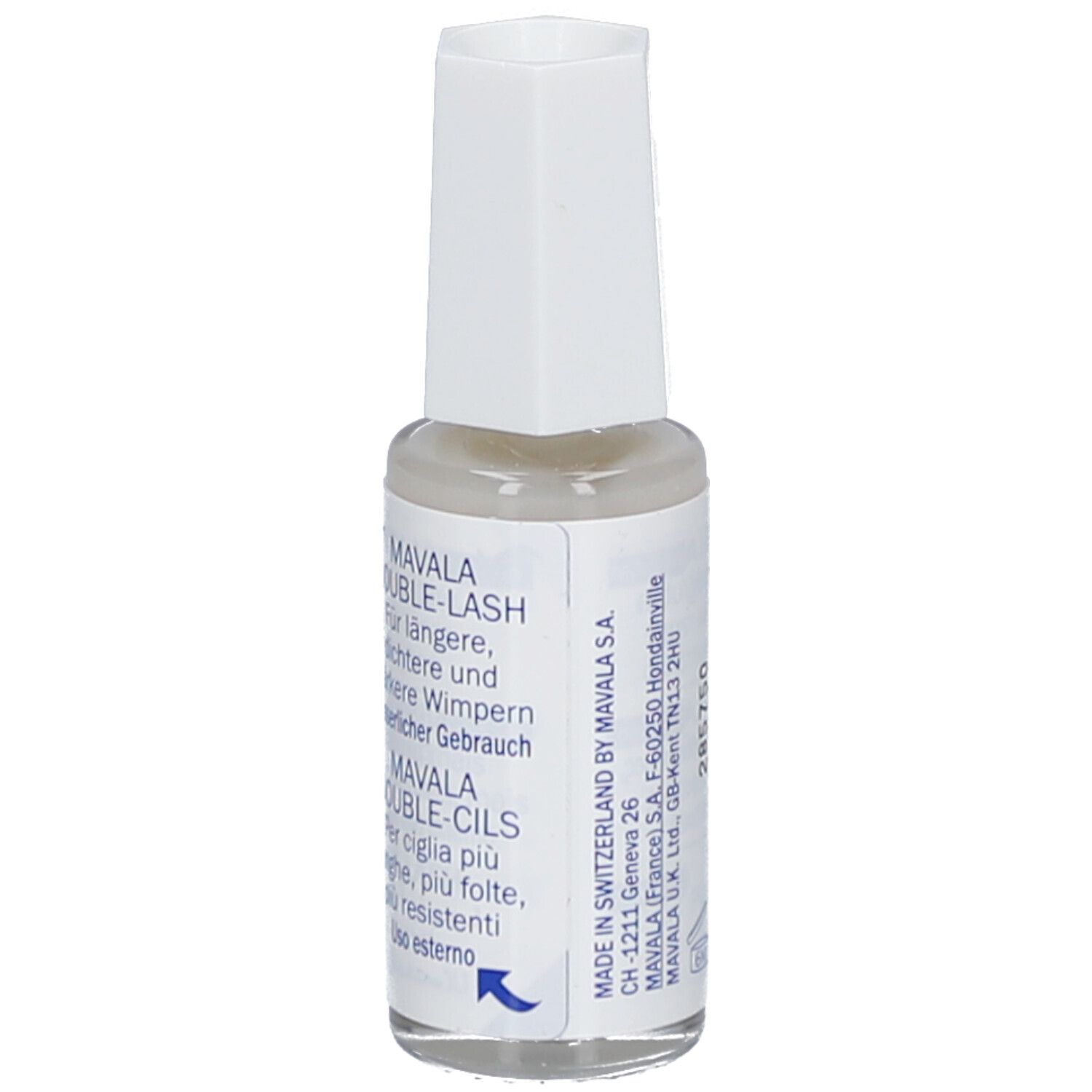 Piccola bottiglia con tappo bianco. Scritta: MAVALA SWITZERLAND, DOUBLE-LASH, DOUBLE-CILS. 10 ml / .3 fl. oz.
