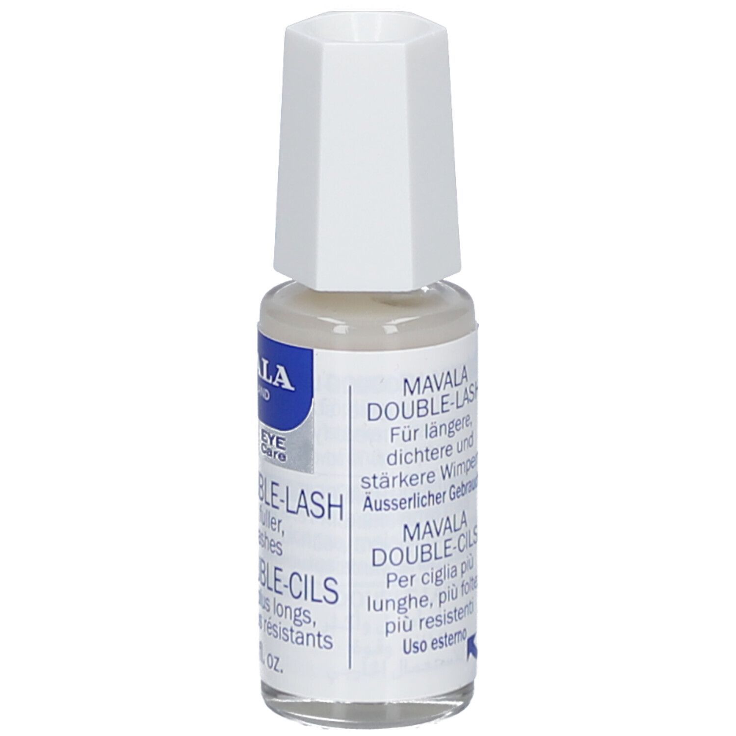 Piccola bottiglia con tappo bianco. Scritta: MAVALA SWITZERLAND, DOUBLE-LASH, DOUBLE-CILS. 10 ml / .3 fl. oz.