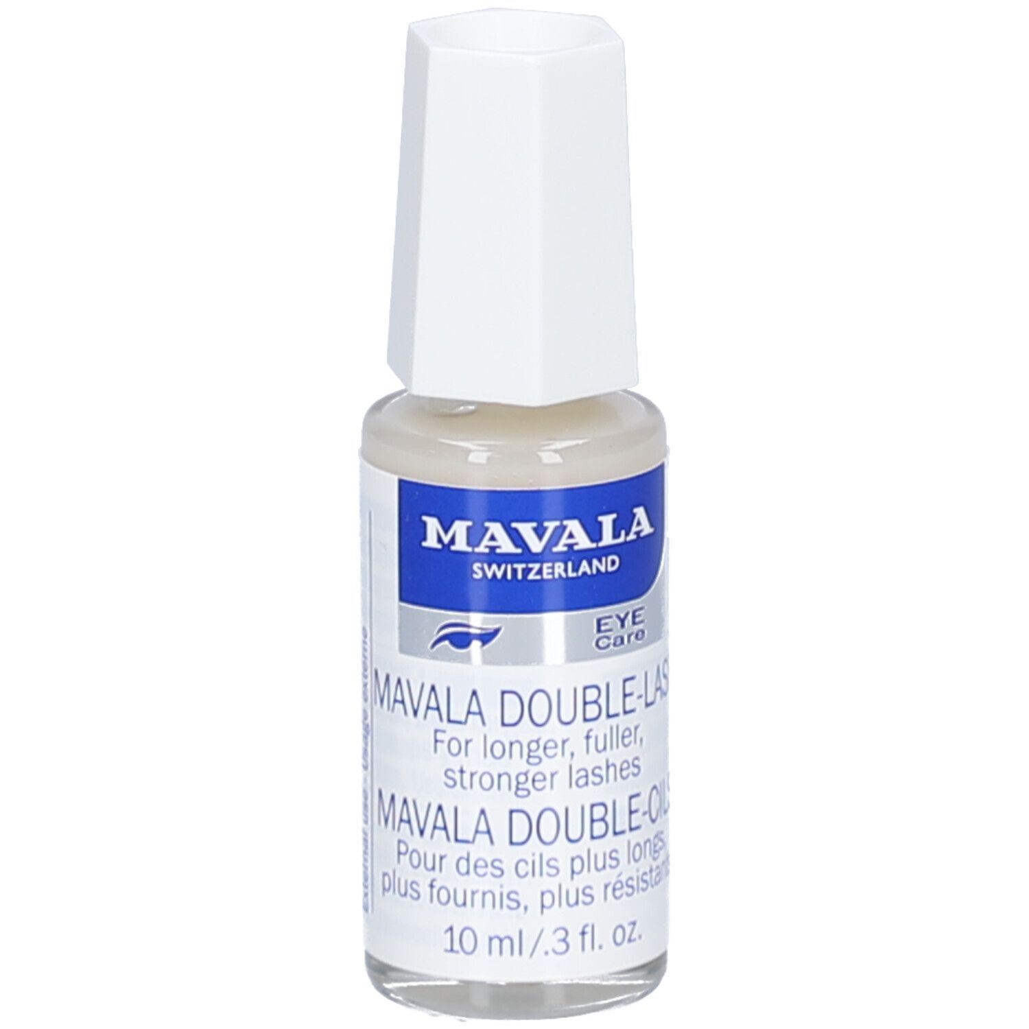 Piccola bottiglia con tappo bianco. Scritta: MAVALA SWITZERLAND, DOUBLE-LASH, DOUBLE-CILS. 10 ml / .3 fl. oz.