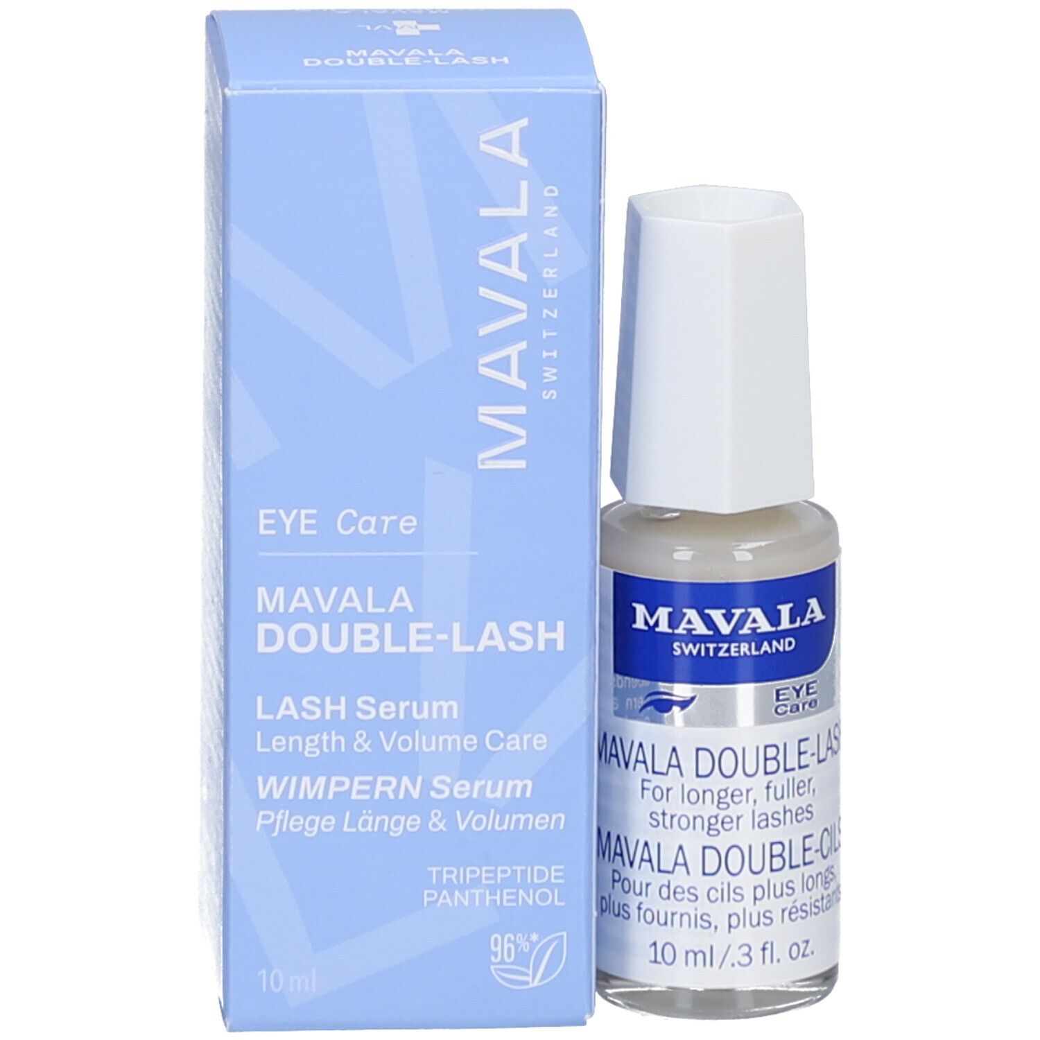 Flacone e confezione. Scritta: MAVALA SWITZERLAND, DOUBLE-LASH. 10 ml / .3 fl. oz. Testato oftalmologicamente.