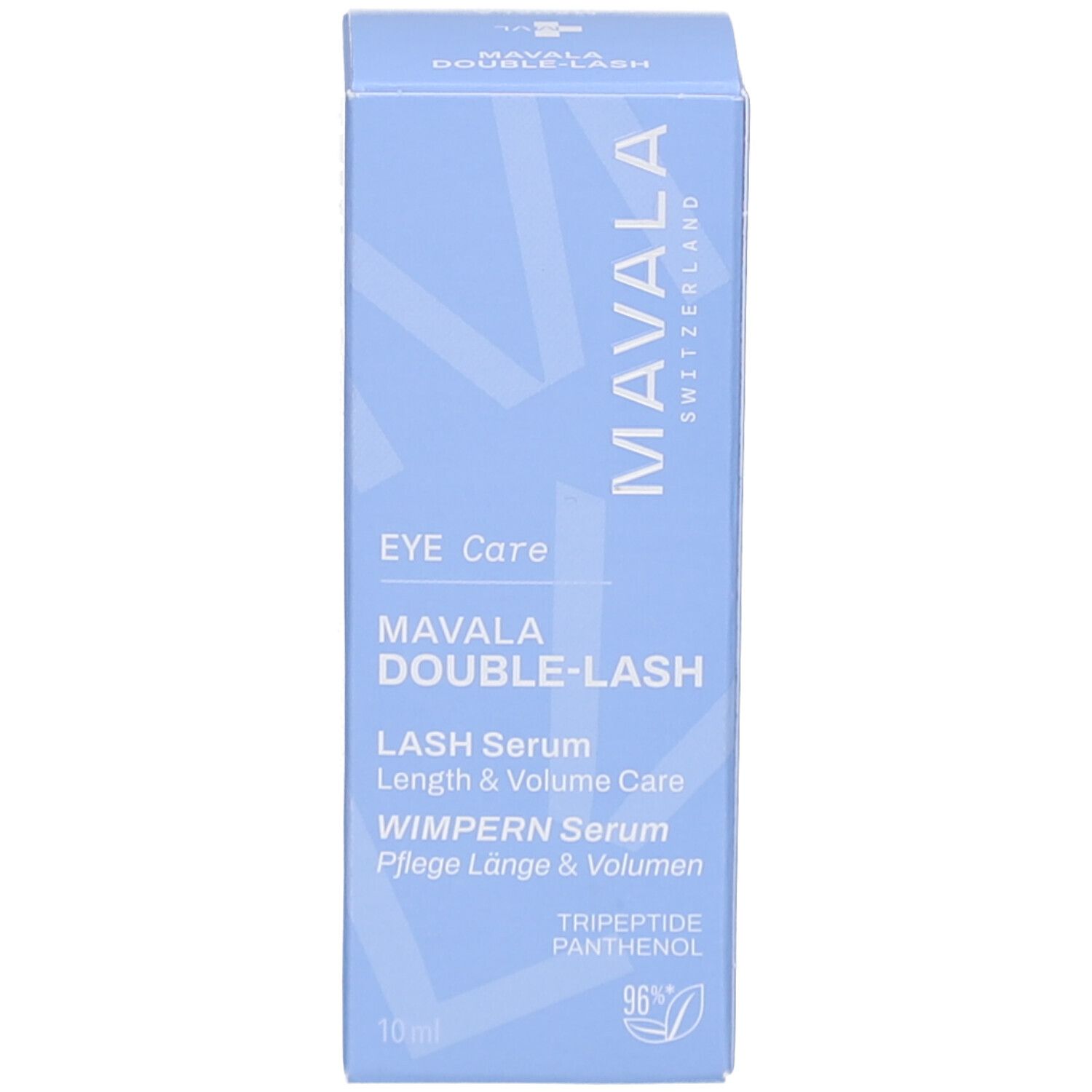 Confezione. Scritta: MAVALA SWITZERLAND, DOUBLE-LASH. 10 ml / .3 fl. oz. Testato oftalmologicamente.
