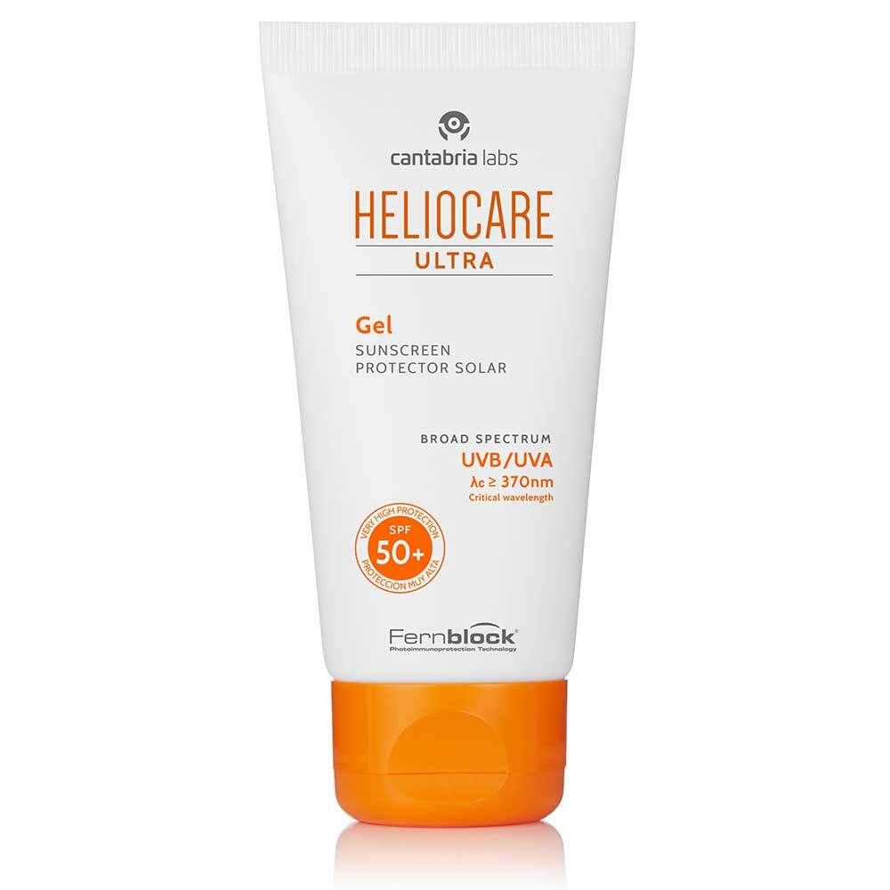 Tubo di HELIOCARE ULTRA Gel SPF 50+. Bianco, tappo arancione. Testo: Broad Spectrum UVB/UVA, SPF 50+.