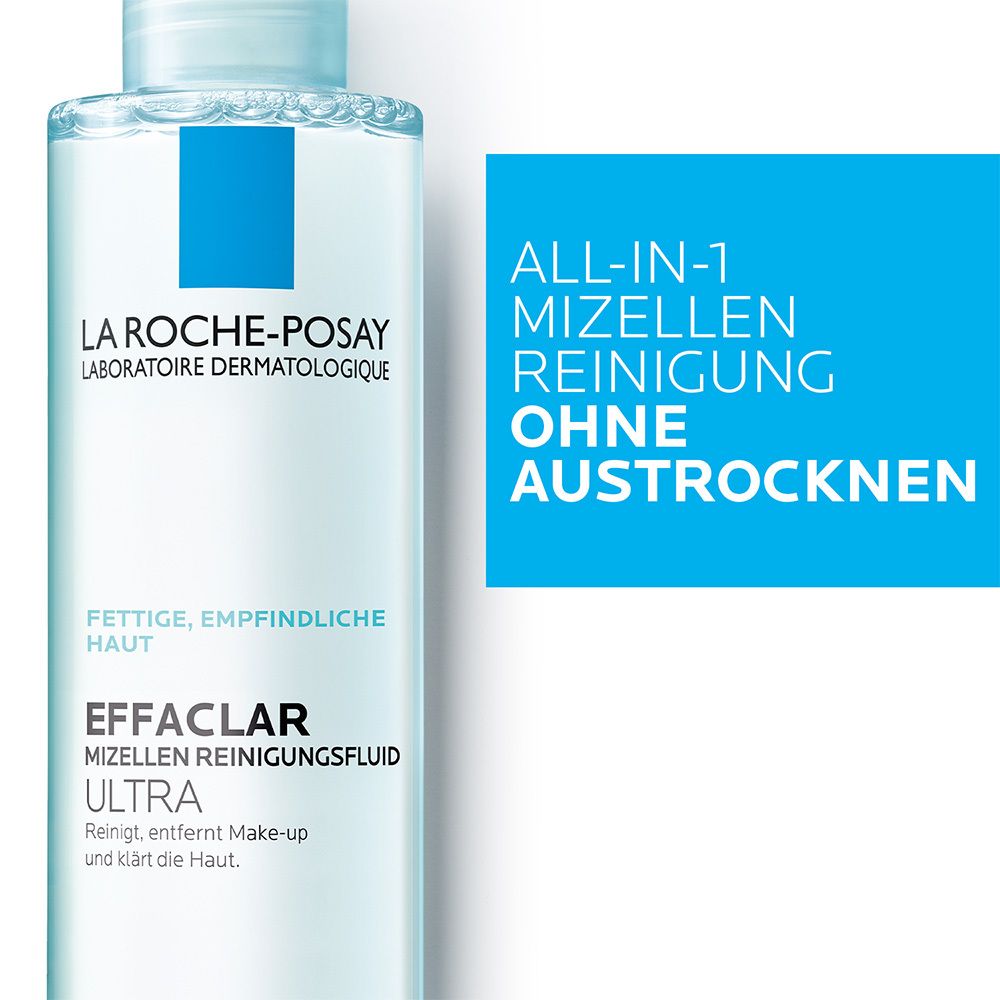 La Roche-Posay Effaclar Ultra. Flacone di lozione micellare con tappo blu. Pulisce, rimuove il trucco, purifica la pelle.