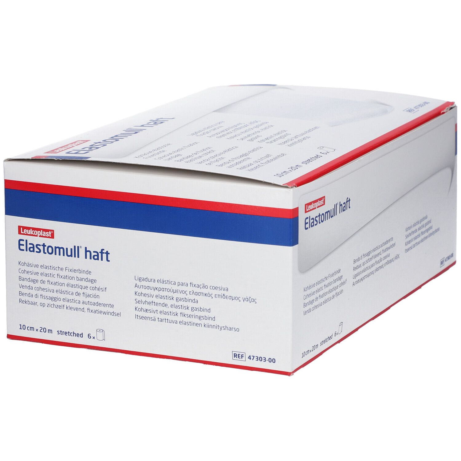 Scatola di Elastomull haft. Scritta: 10 cm x 20 m, allungato 6 x. Confezione blu e bianca. Marchio Leukoplast.