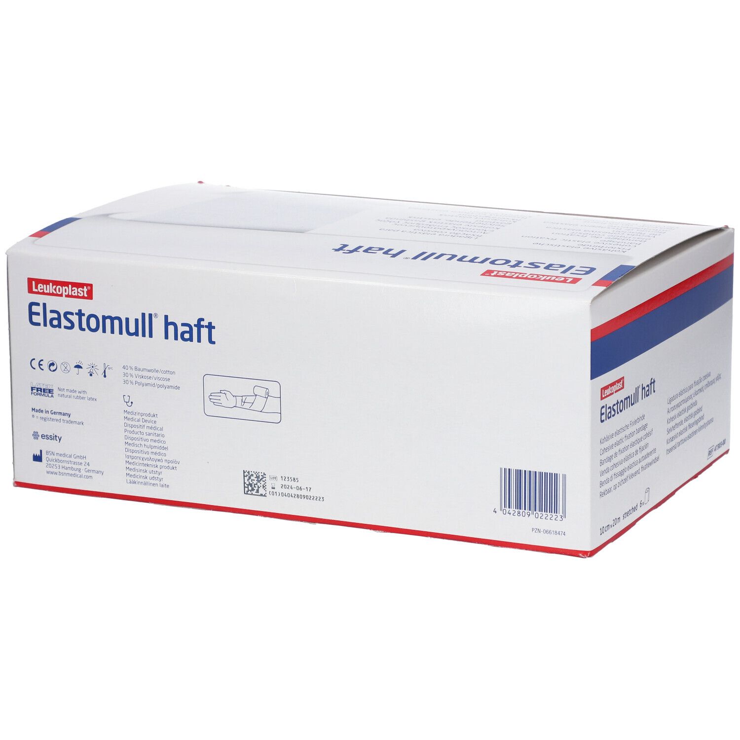 Scatola di Elastomull haft. Scritta: 10 cm x 20 m, allungato 6 x. Confezione blu e bianca. Marchio Leukoplast.