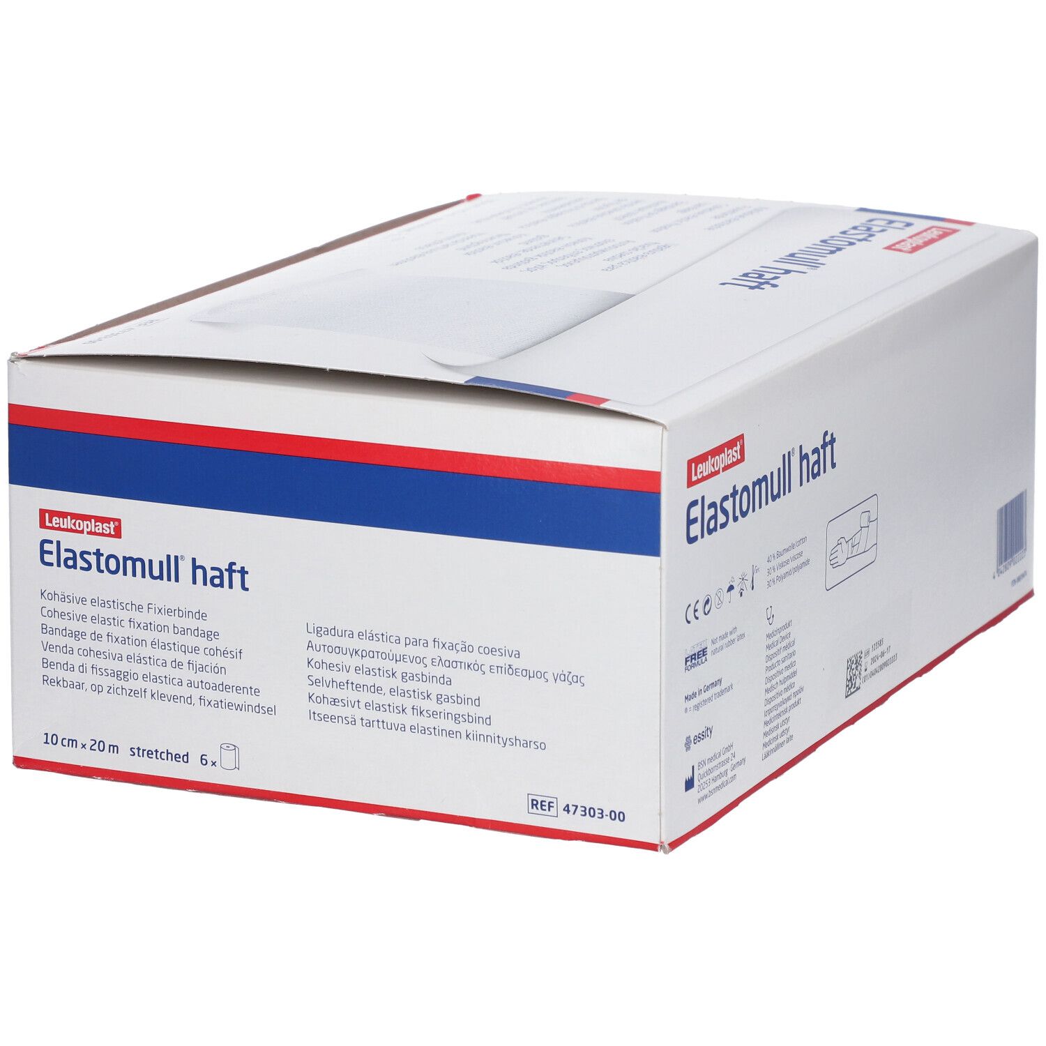 Scatola di Elastomull haft. Scritta: 10 cm x 20 m, allungato 6 x. Confezione blu e bianca. Marchio Leukoplast.