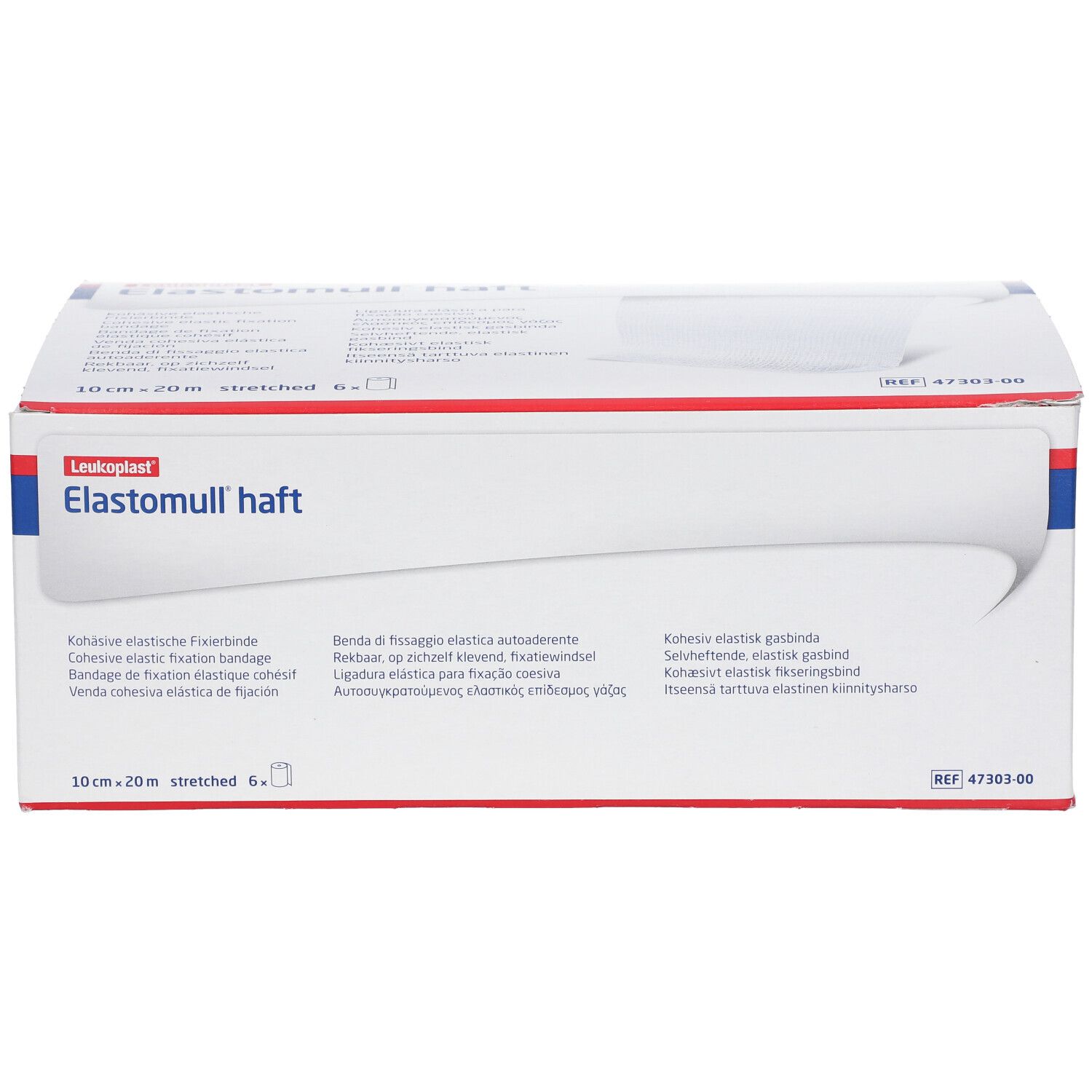 Scatola di Elastomull haft. Scritta: 10 cm x 20 m, allungato 6 x. Confezione blu e bianca. Marchio Leukoplast.