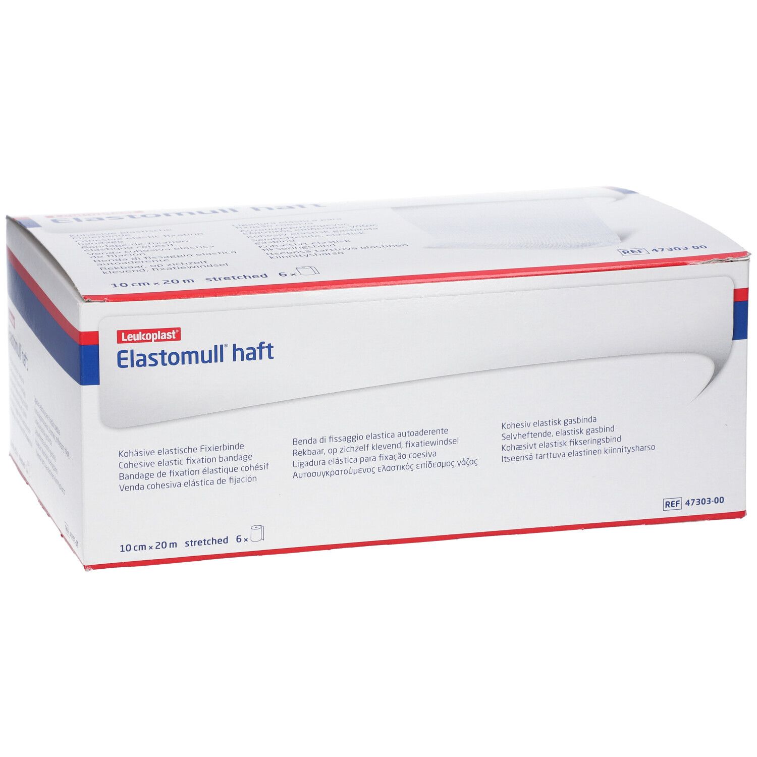 Scatola di Elastomull haft. Scritta: 10 cm x 20 m, allungato 6 x. Confezione blu e bianca. Marchio Leukoplast.