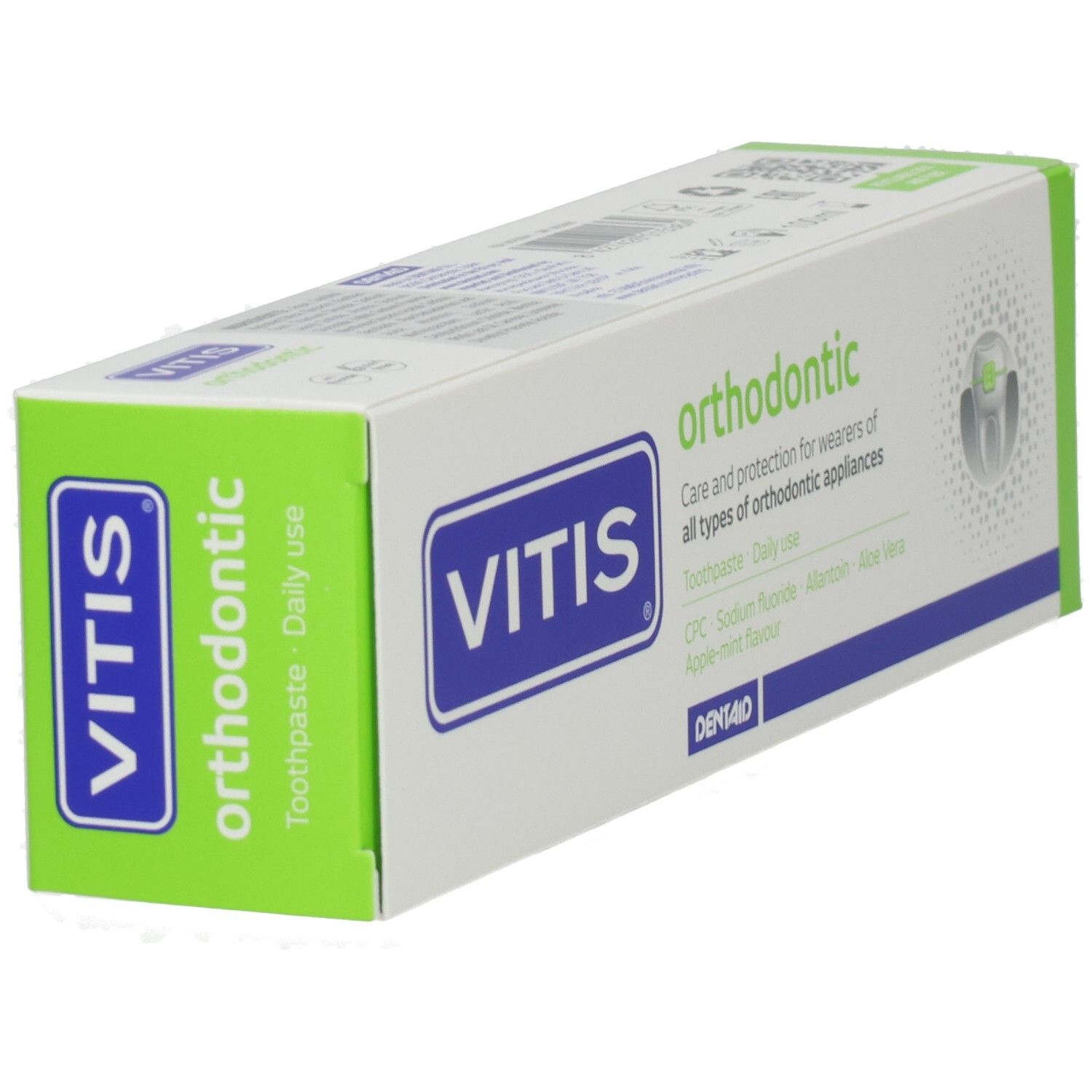 Confezione di dentifricio VITIS orthodontic, vista laterale con logo e nome del prodotto.