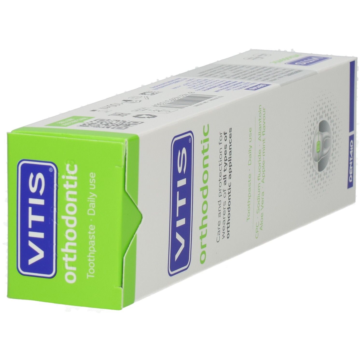 Confezione di dentifricio VITIS orthodontic, vista prospettica con focus sulla parte anteriore.
