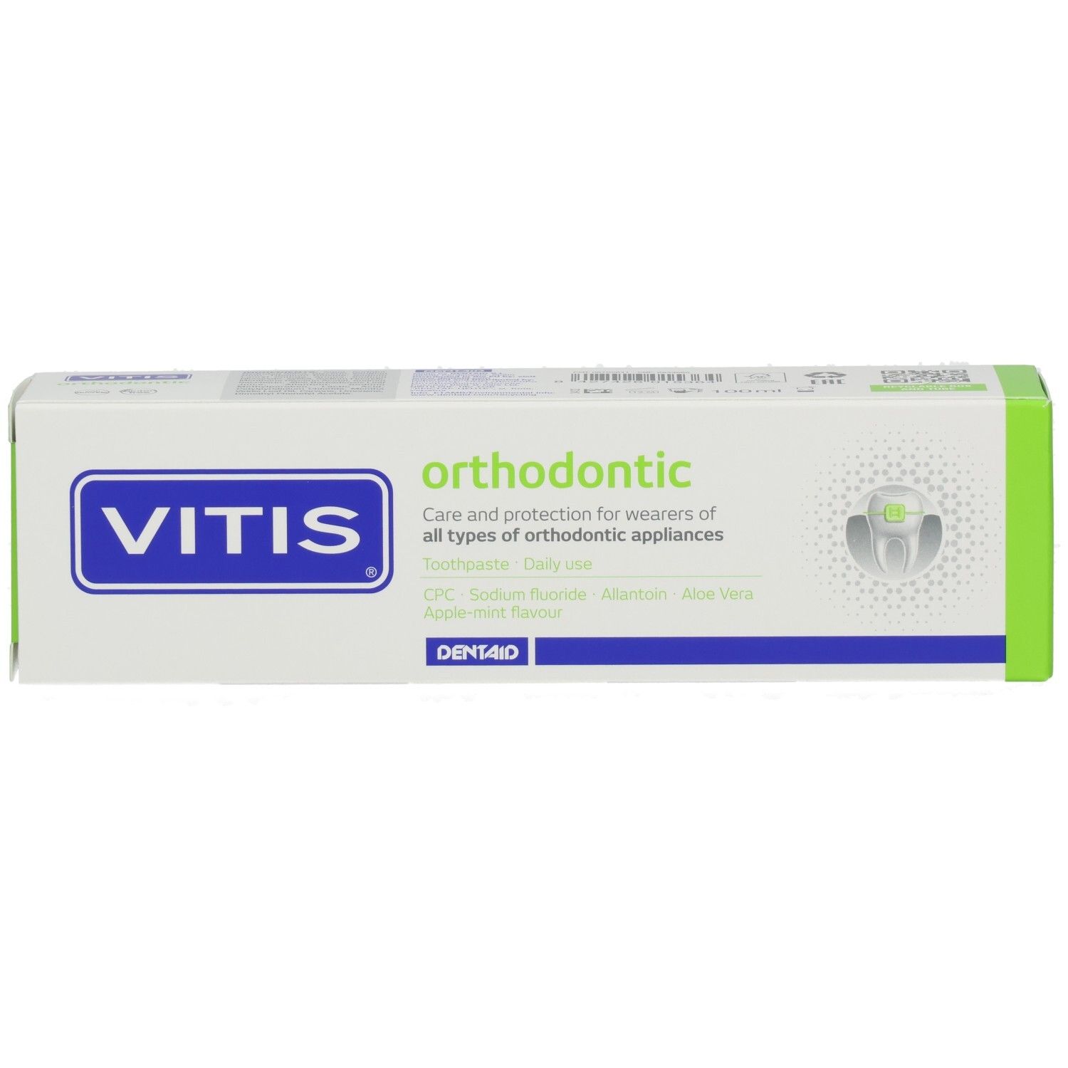 Confezione di dentifricio VITIS orthodontic, lato frontale con logo, nome prodotto e descrizione.