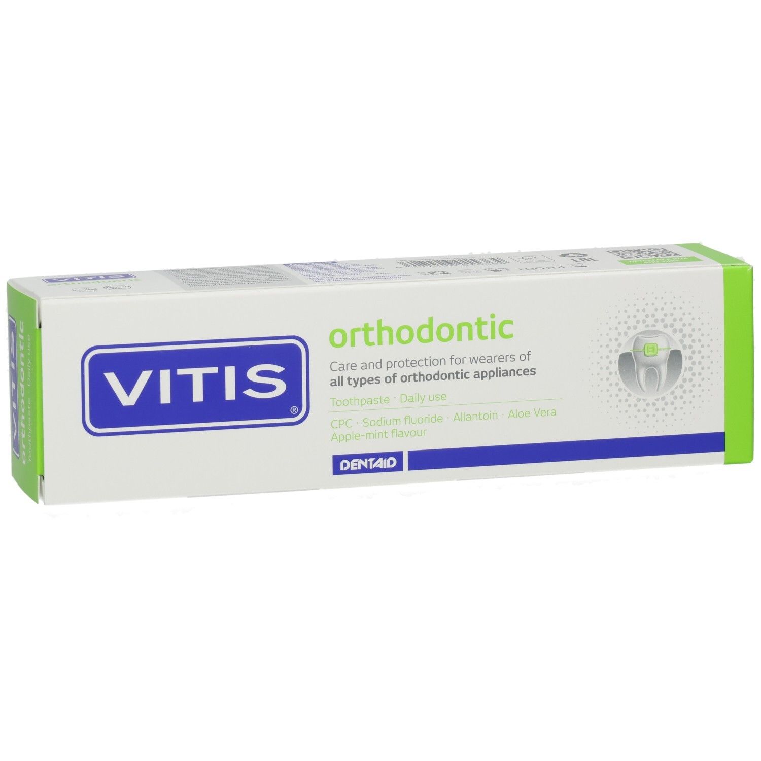 Confezione di dentifricio VITIS orthodontic, lato frontale con logo, nome prodotto e dettagli.
