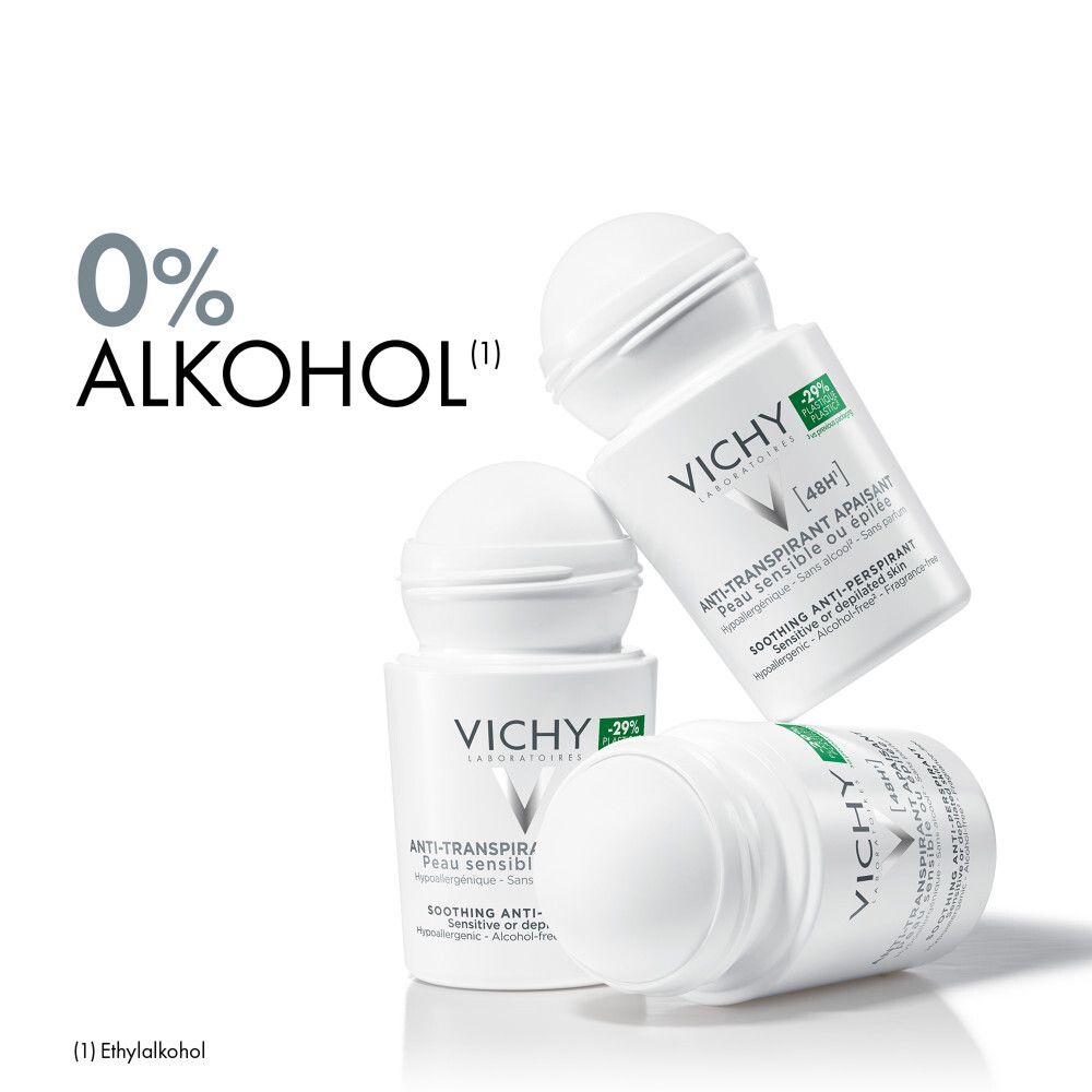 Tre roll-on. 0% alcol. Logo Vichy visibile. -29% plastica. Sfondo bianco.