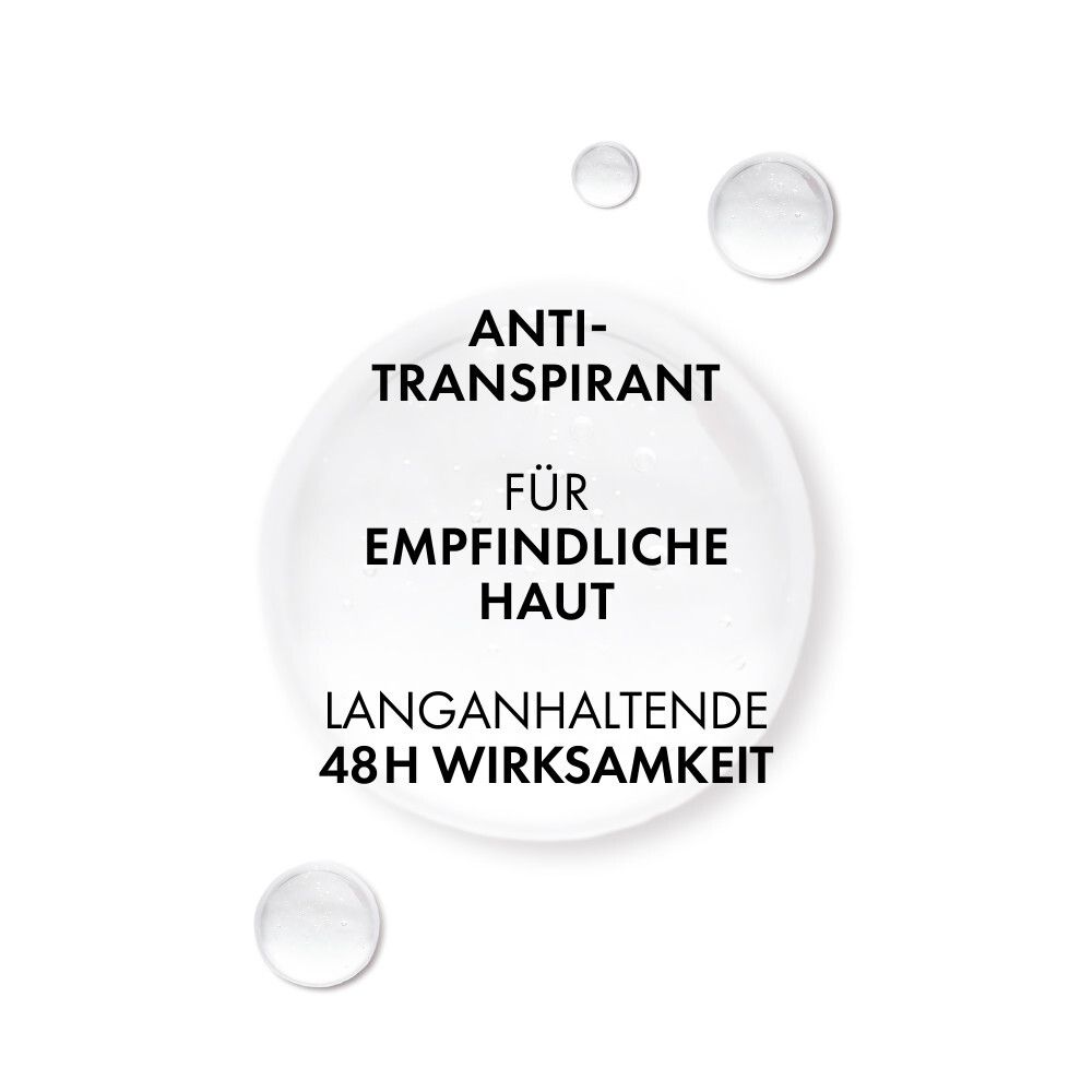 Testo su sfondo bianco. Anti-traspirante per pelli sensibili. Efficacia 48h.