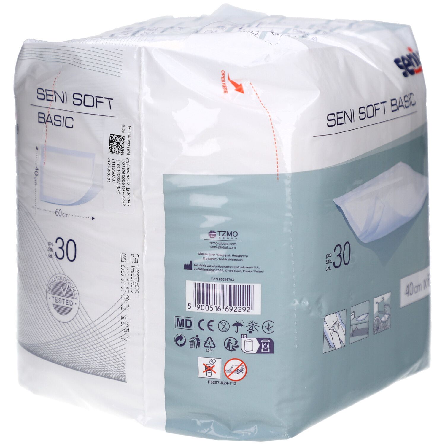 Confezione Seni Soft Basic, 40x60 cm, 30 pezzi. Logo Seni, nome prodotto, dimensioni, codice a barre e certificazioni.