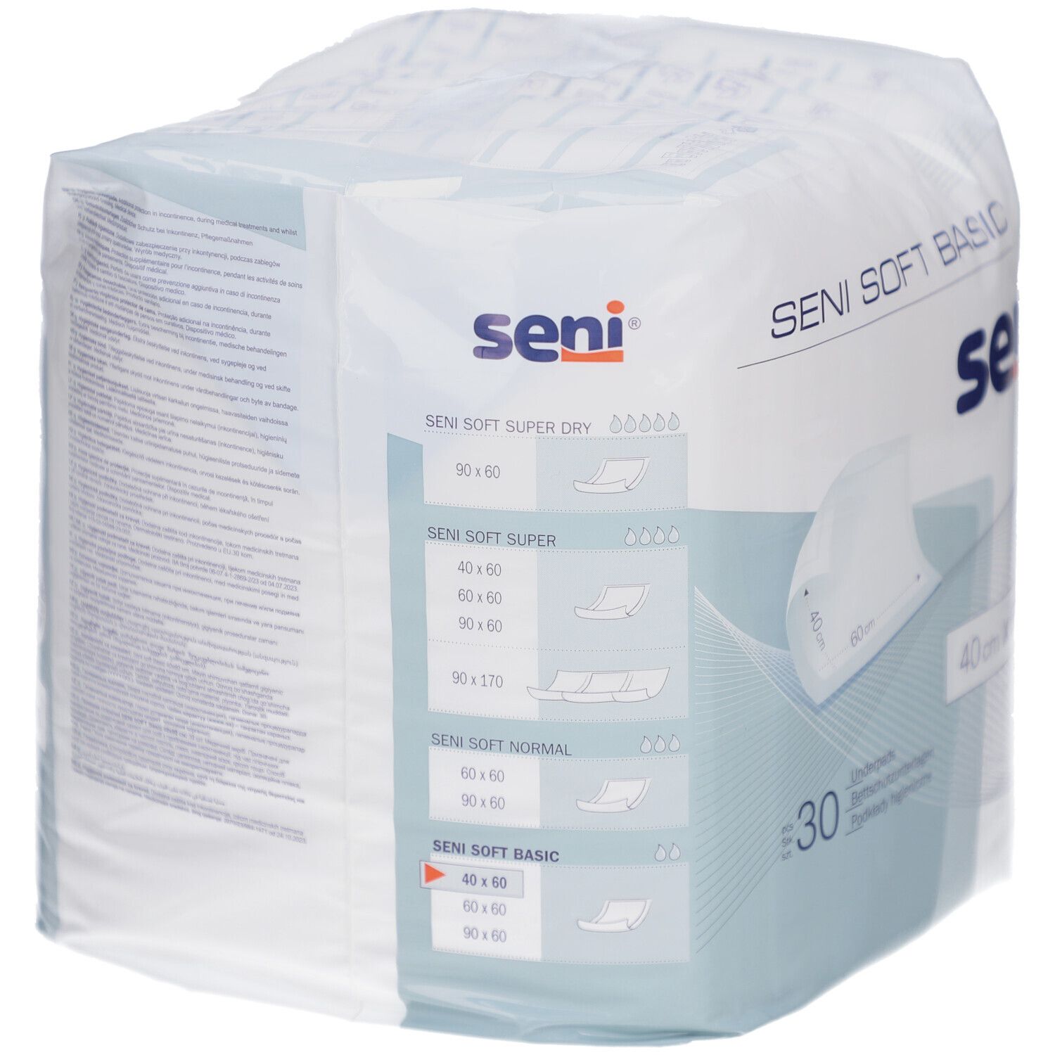 Confezione Seni Soft Basic, 40x60 cm, 30 pezzi. Logo Seni, nome prodotto, panoramica delle taglie e certificazione.