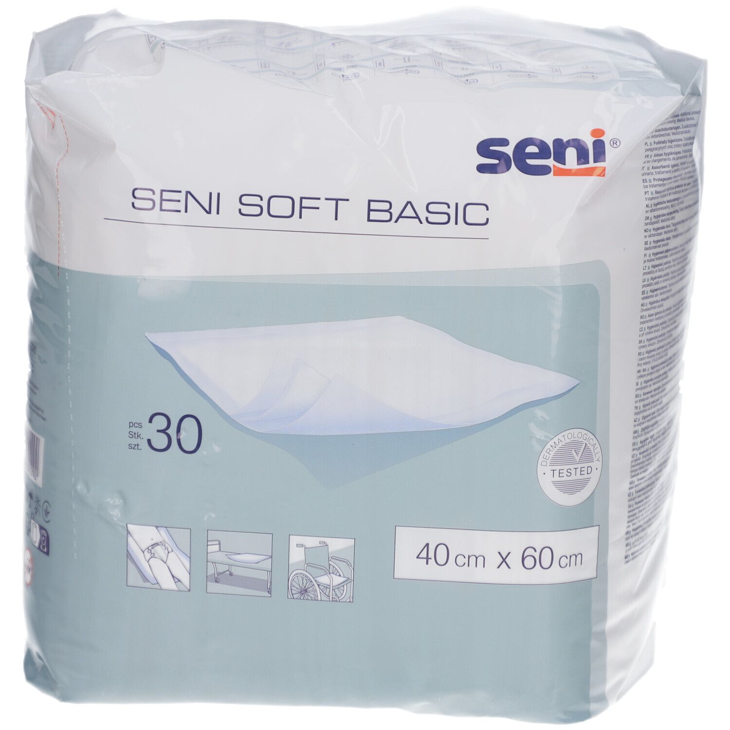 Confezione Seni Soft Basic, 40x60 cm, 30 pezzi. Logo Seni, nome prodotto, dimensioni e certificazione.