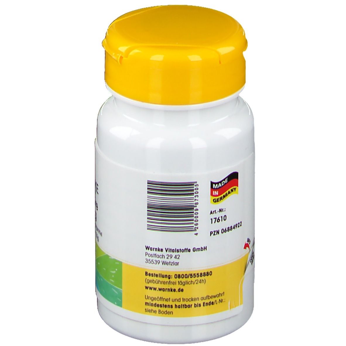 Retro del flacone di compresse. Codice a barre, informazioni sul produttore, Made in Germany. Adesivo giallo con testo.