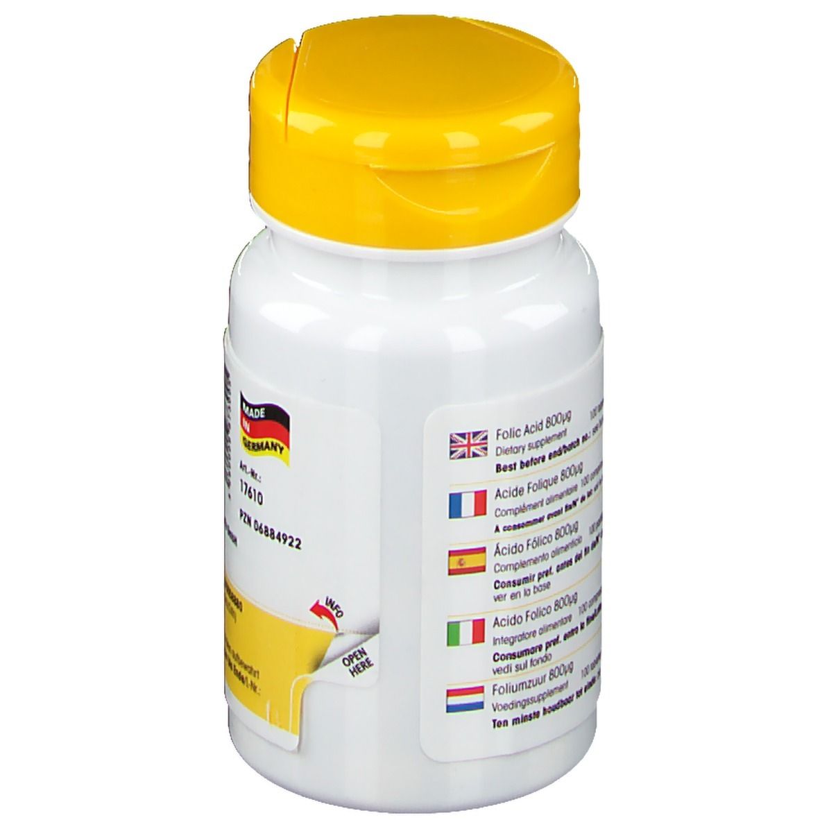 Retro del flacone di compresse. Informazioni multilingue: Folic Acid 800μg, Acide folique 800μg, Acido Folico 800μg, Foliumzuur 800μg.