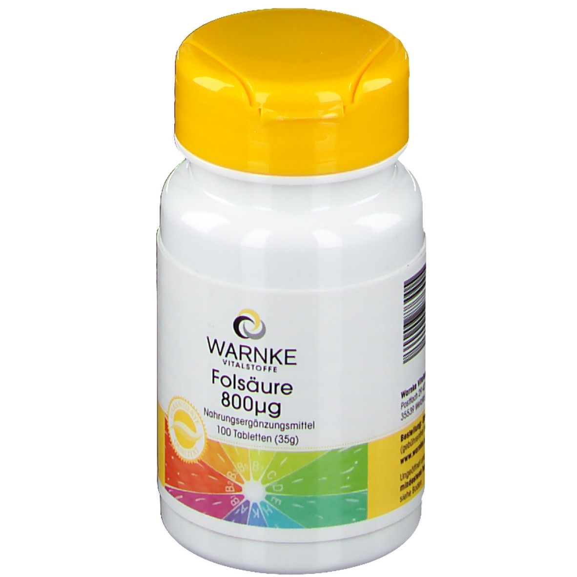 Flacone bianco con tappo giallo. Scritta: WARNKE Folsäure 800μg. 100 compresse. Integratore alimentare.