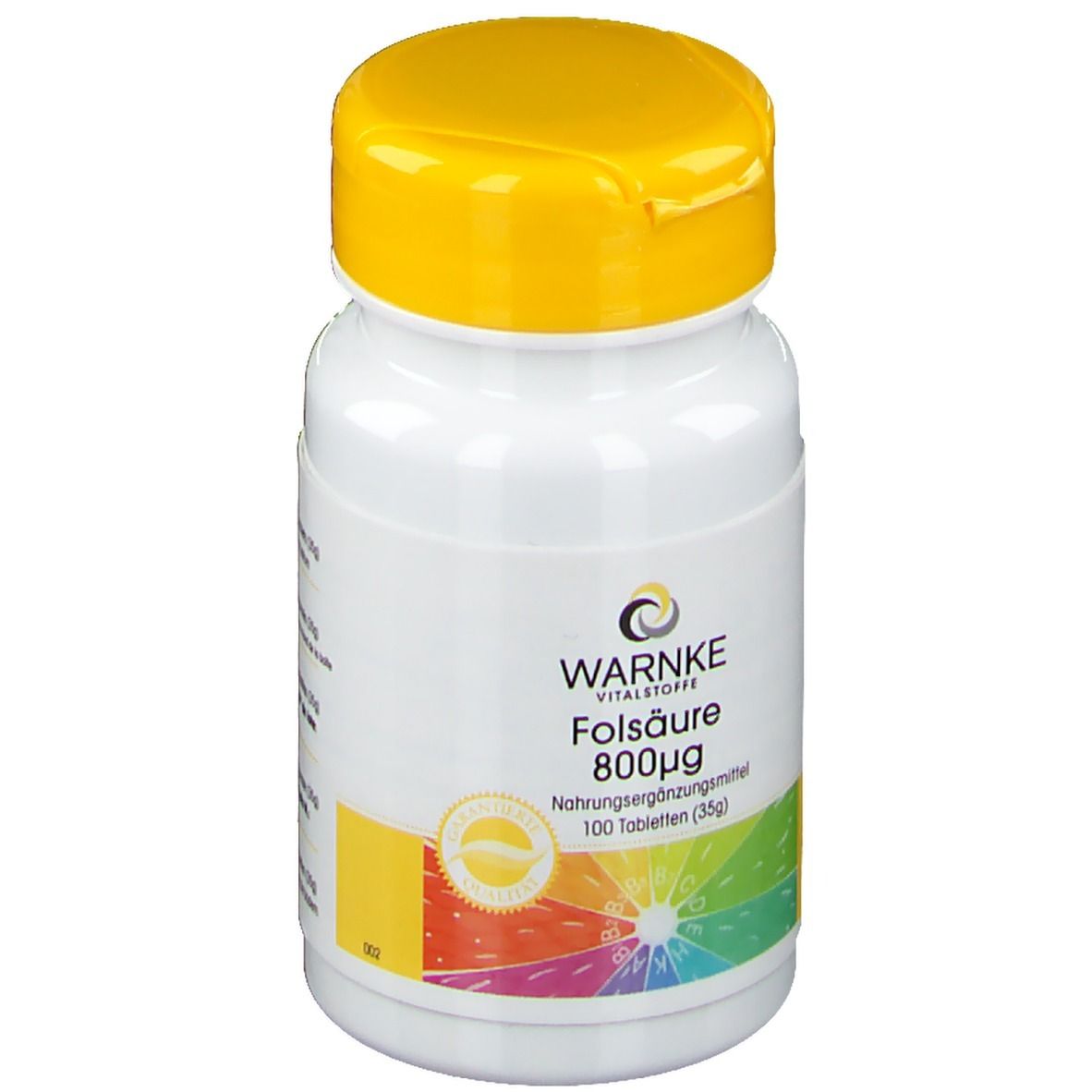 Flacone bianco con tappo giallo. Scritta: WARNKE Folsäure 800μg. 100 compresse. Integratore alimentare.