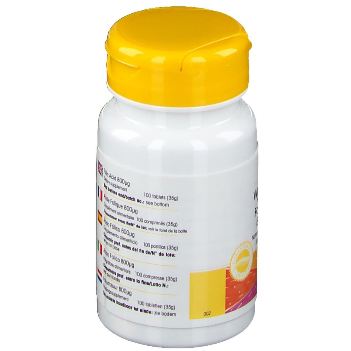 Retro del flacone di compresse. Informazioni multilingue: Folic Acid 800μg, Acide folique 800μg, Acido Folico 800μg, Foliumzuur 800μg.