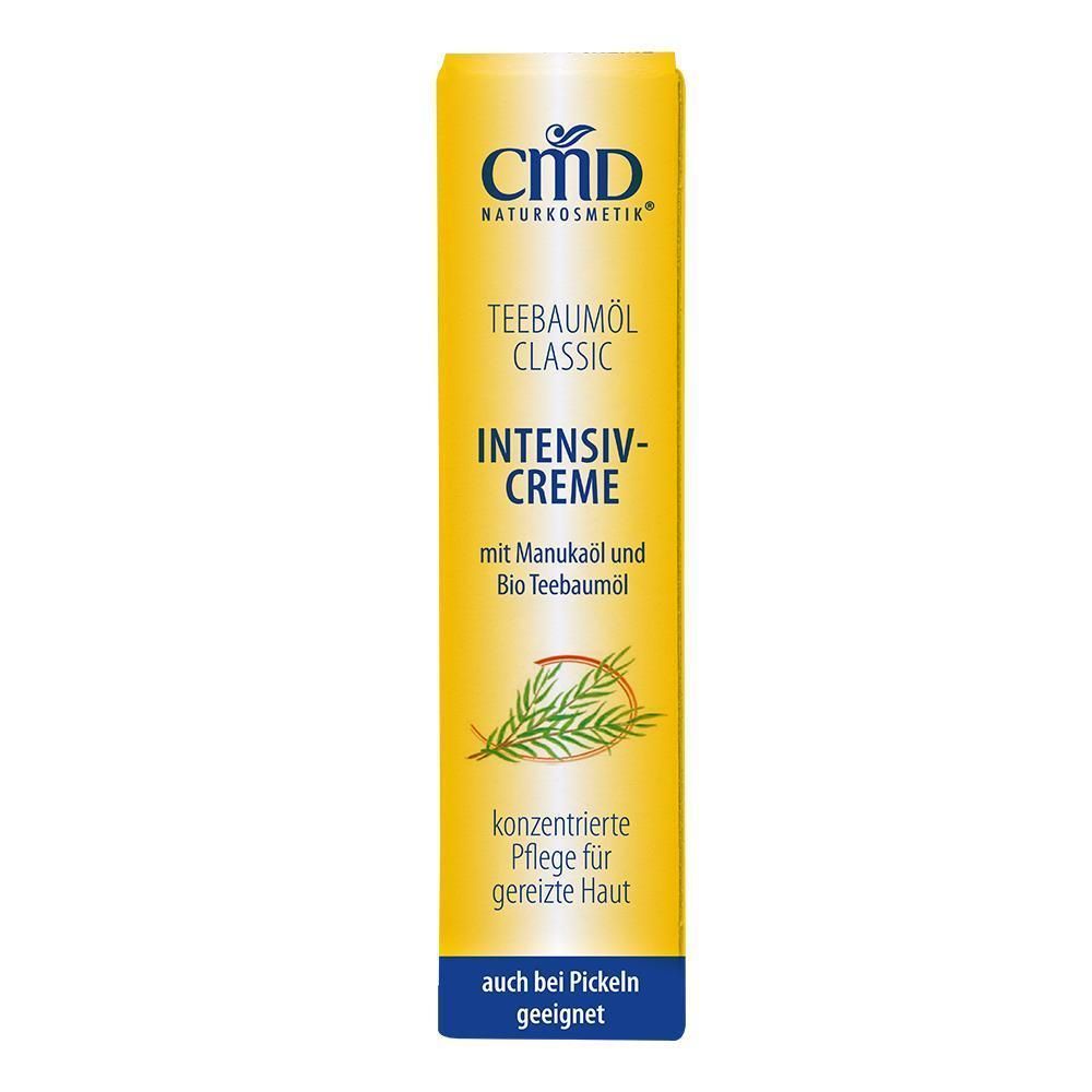 Tubo giallo di crema CMD Naturkosmetik Teebaumöl Intensiv. Testo: Teebaumöl Classic, Intensiv-Creme, per pelli irritate, adatto ai brufoli.
