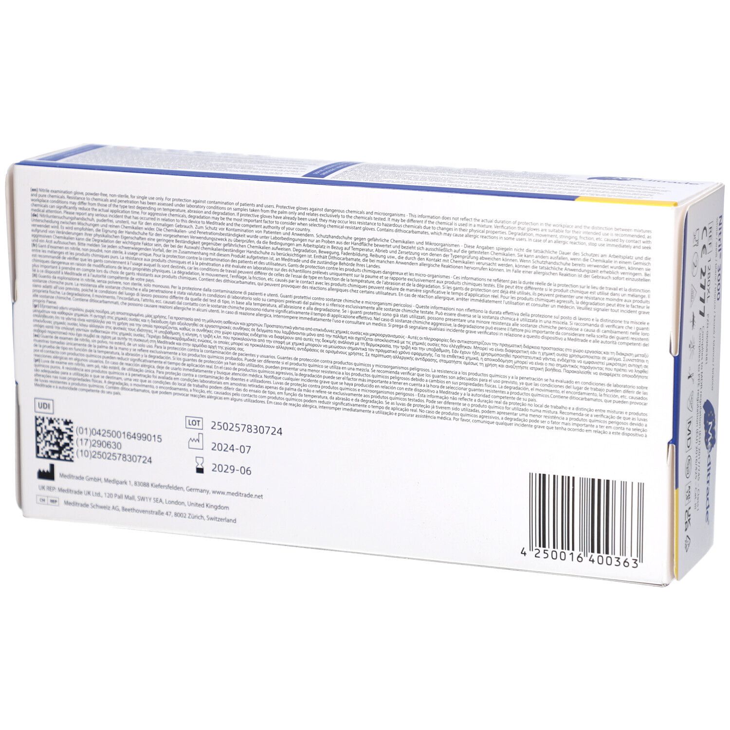 Retro della confezione di guanti Nitril® 3000. Informazioni e codice a barre.