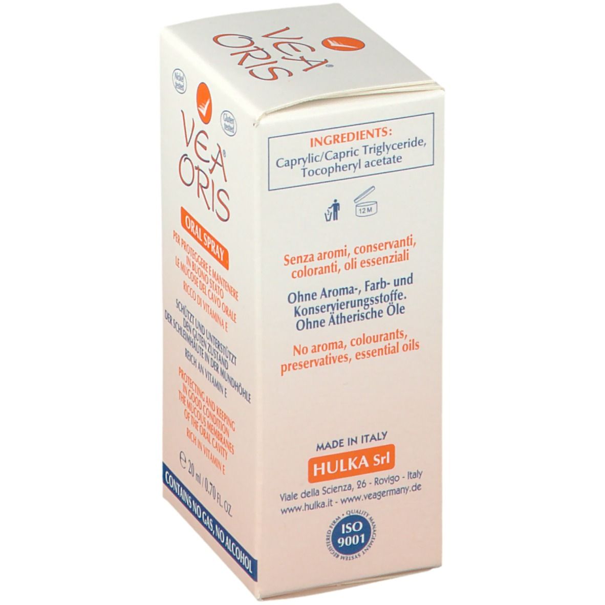 Retro della confezione di VEA ORIS Mundspray. Ingredienti, indirizzo del produttore e certificazione ISO 9001.