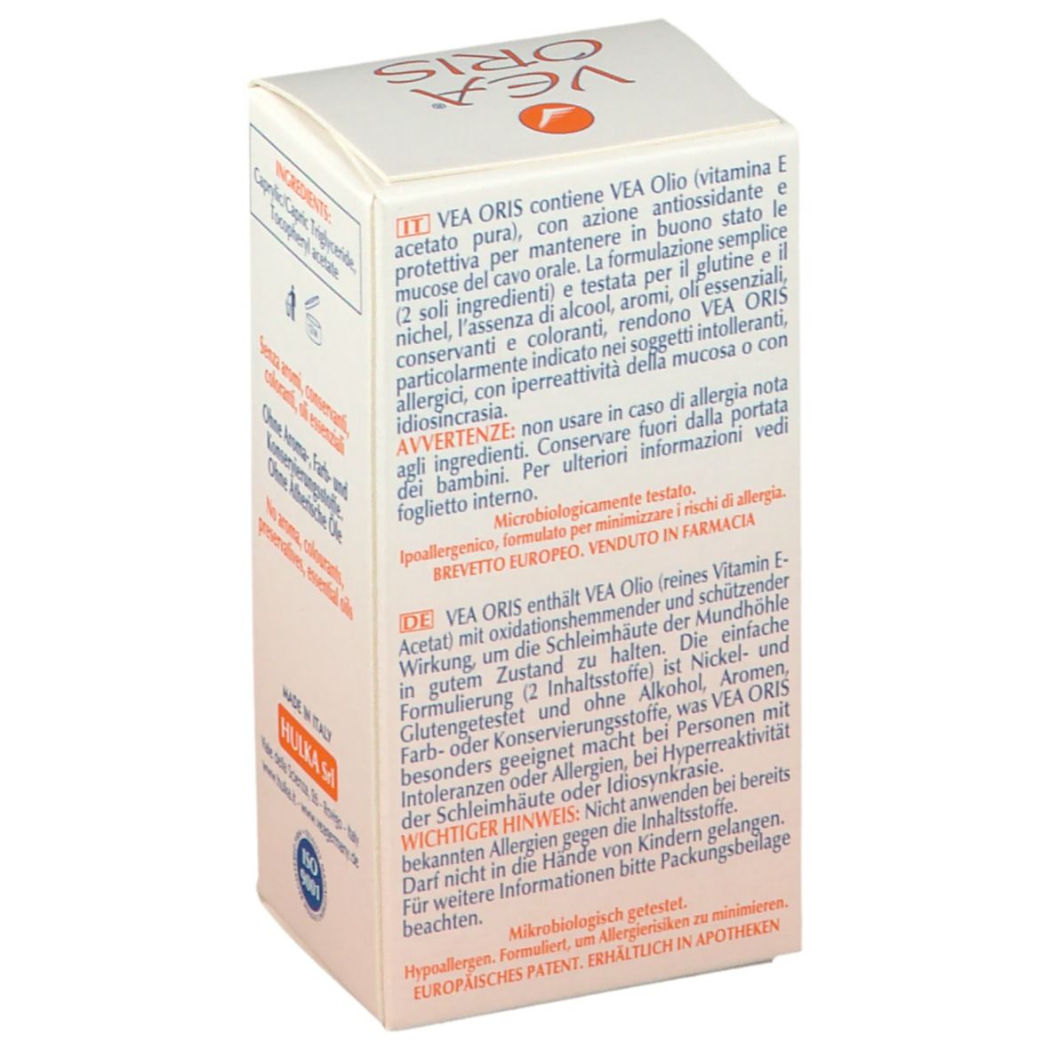 Confezione di VEA ORIS Mundspray. Testo multilingue, inclusi avvertenze e informazioni sull'uso.