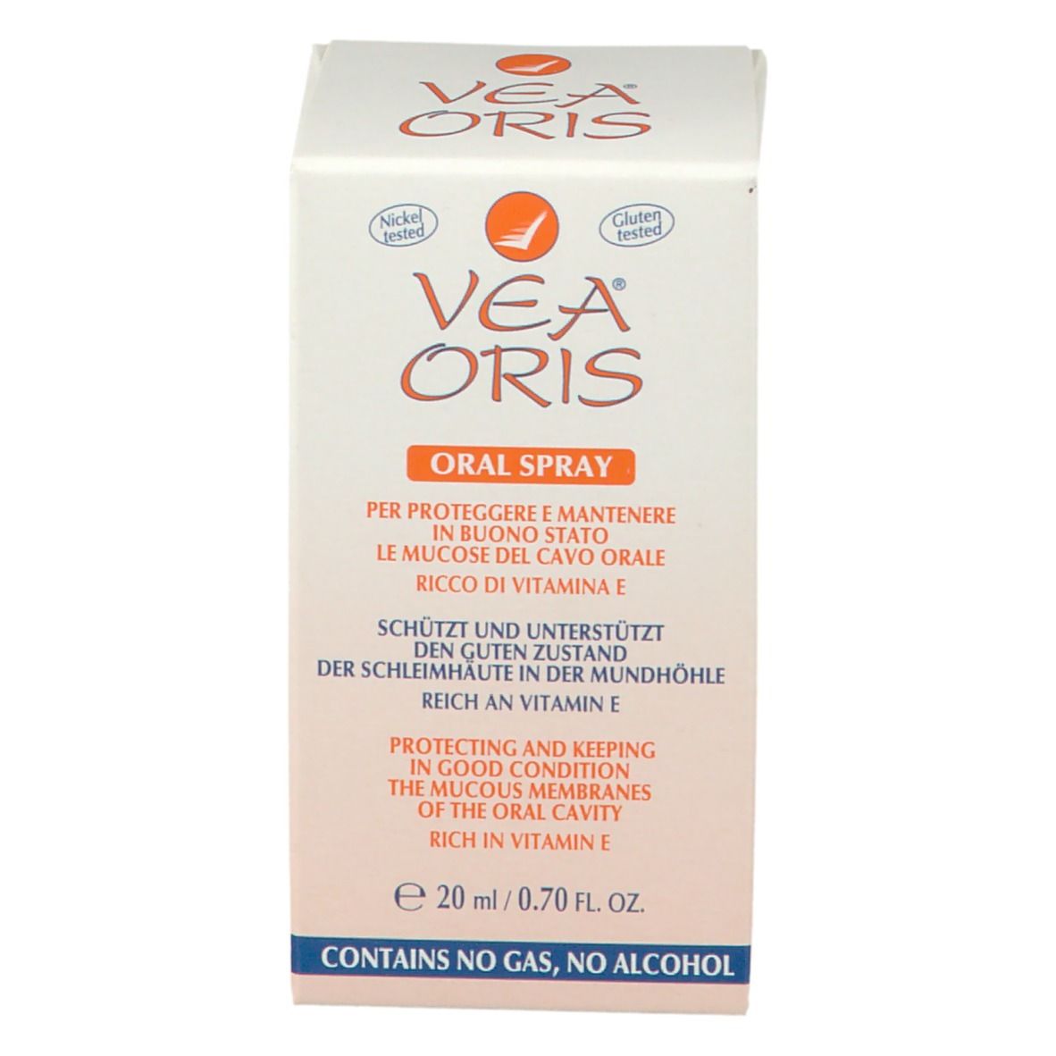 Confezione di VEA ORIS Mundspray. Fronte con nome del prodotto, testo multilingue e certificazioni.