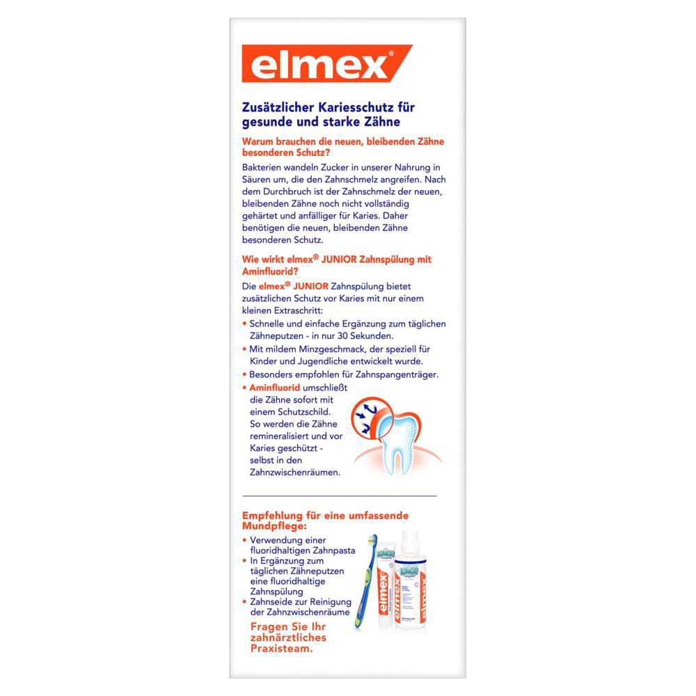 Confezione Elmex Junior Collutorio con informazioni sulla protezione carie e aminfluoruro.