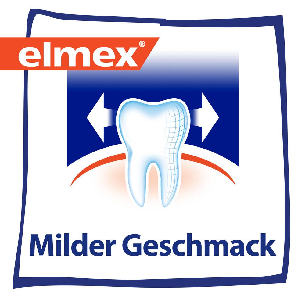 Logo Elmex con dente e testo 'Milder Geschmack'.