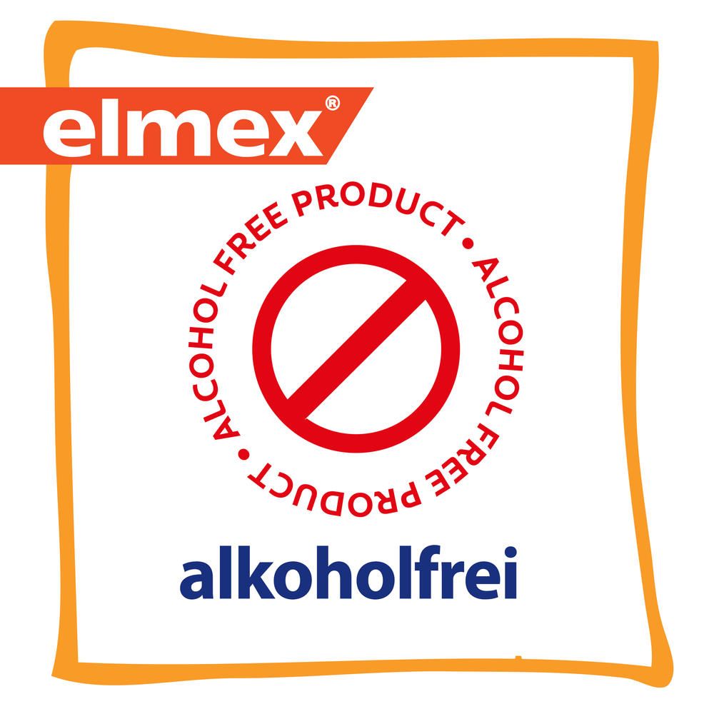 Logo Elmex con sigillo "senza alcol" e segnale di divieto rosso.