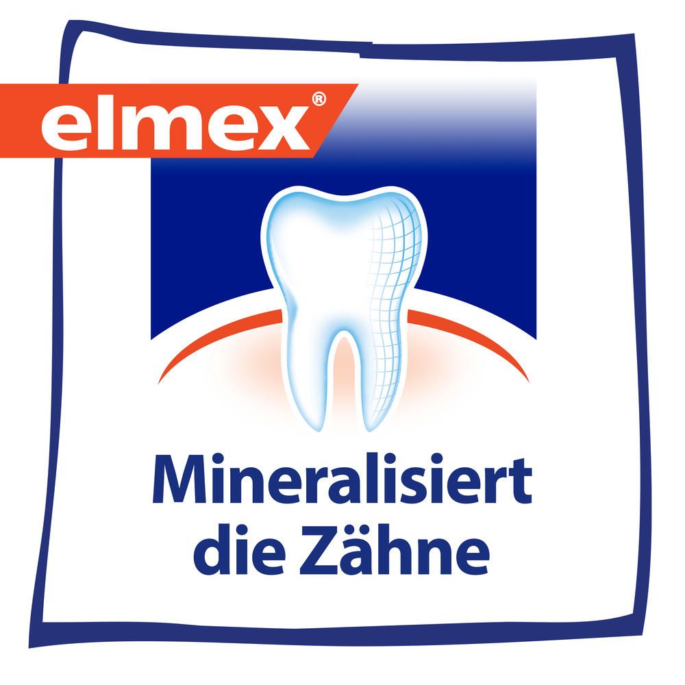 Logo Elmex con un dente e il testo 'Mineralisiert die Zähne'.