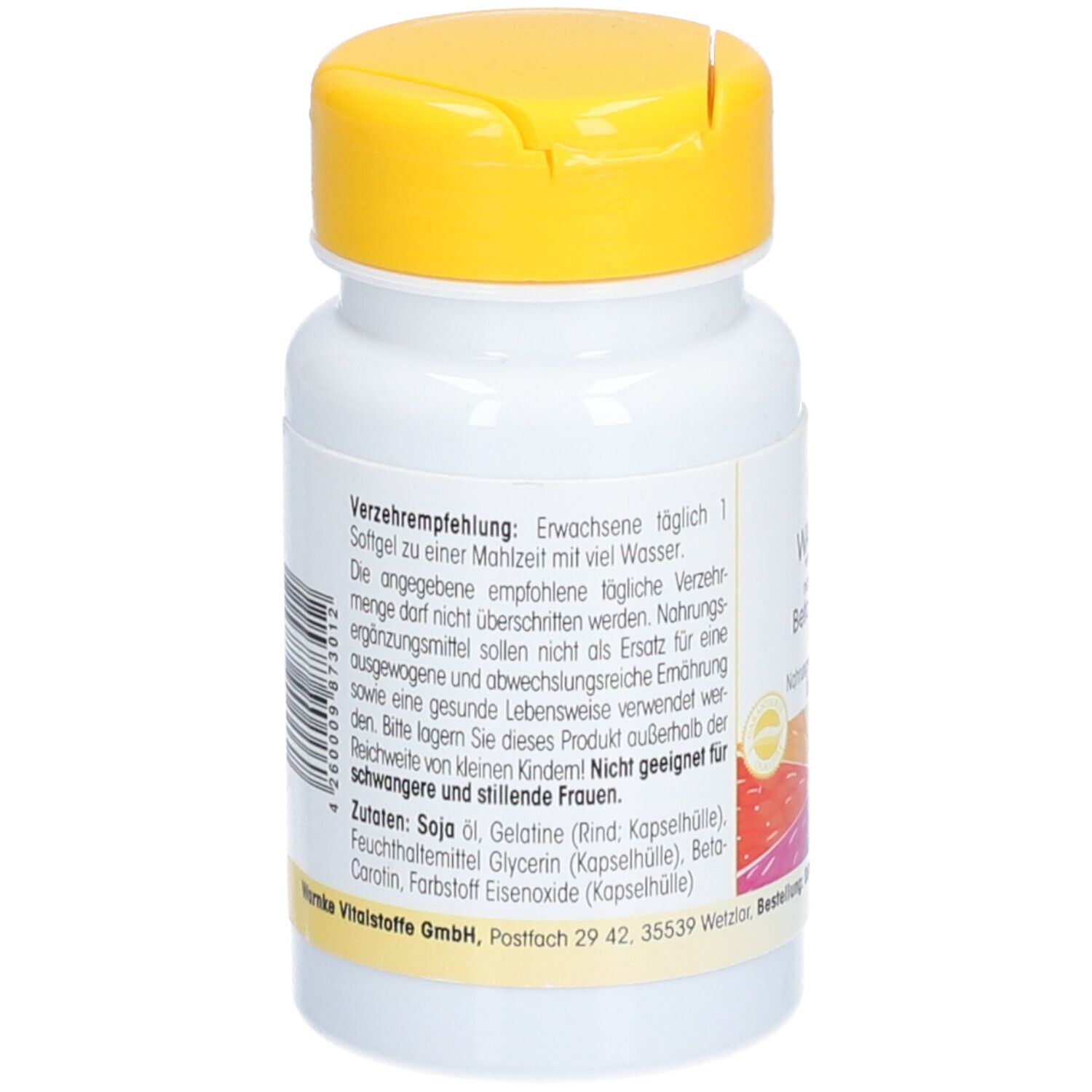 Retro del flacone bianco con coperchio giallo. Testo su raccomandazioni e ingredienti. Non per donne incinte e bambini.