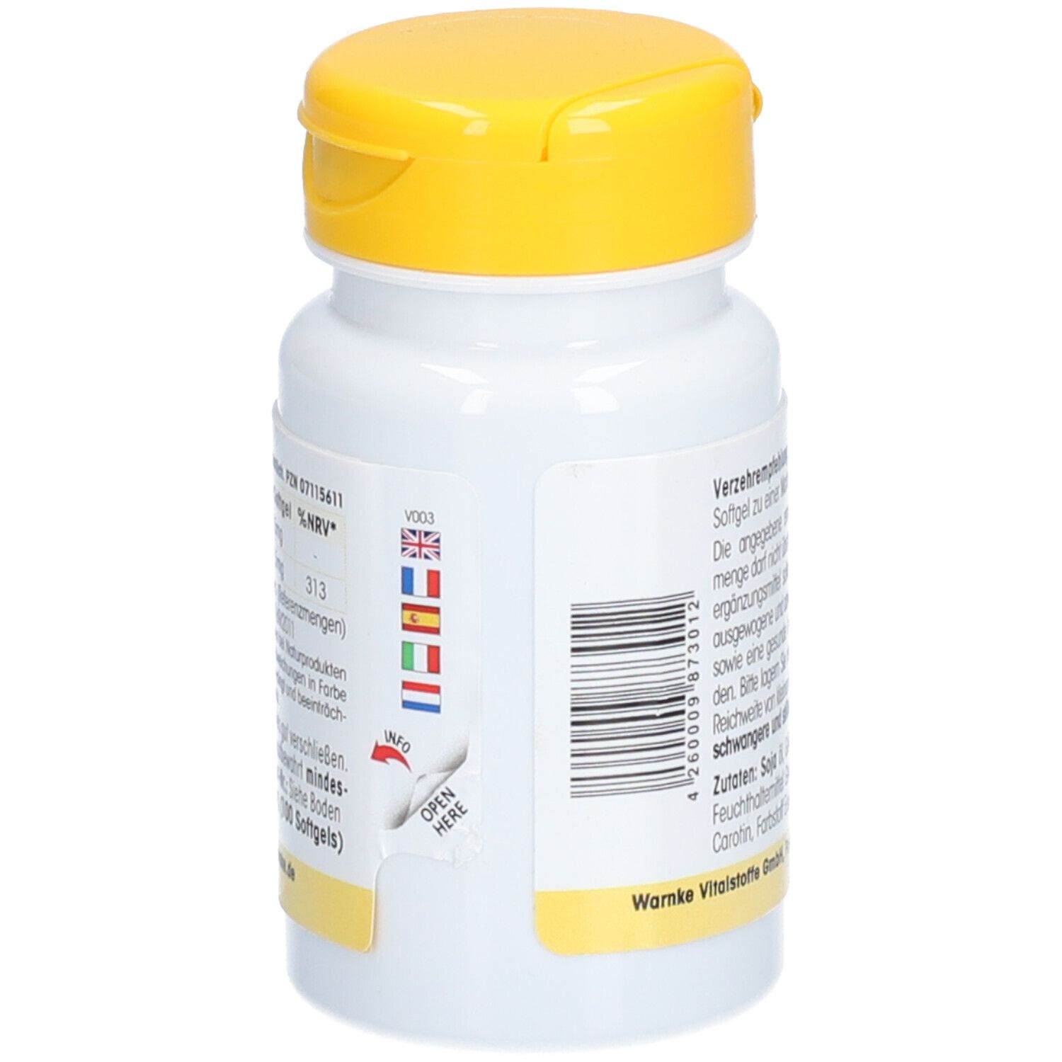 Flacone bianco con coperchio giallo. Codice a barre e informazioni. Bandiere multilingue. Adesivo "OPEN HERE".