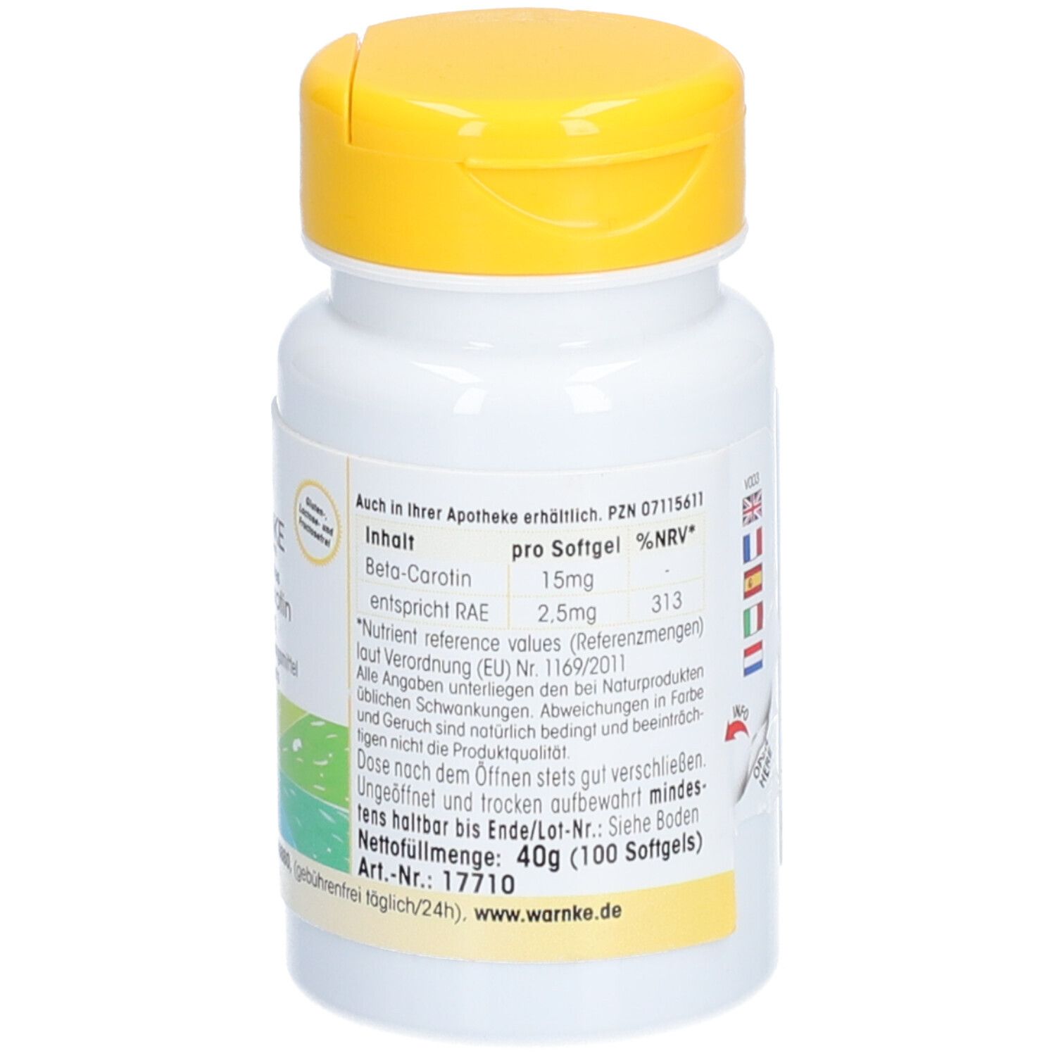 Flacone bianco con coperchio giallo. Scritta: WARNKE Beta-Carotin 15mg. 100 capsule. Valori %VNR.