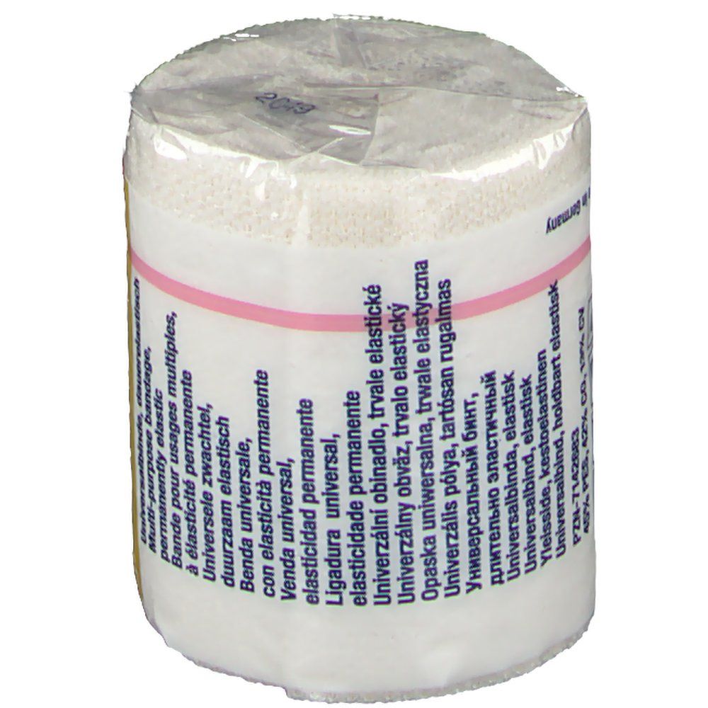 Bendaggio elastico in confezione di plastica. Scritte multilingue.
