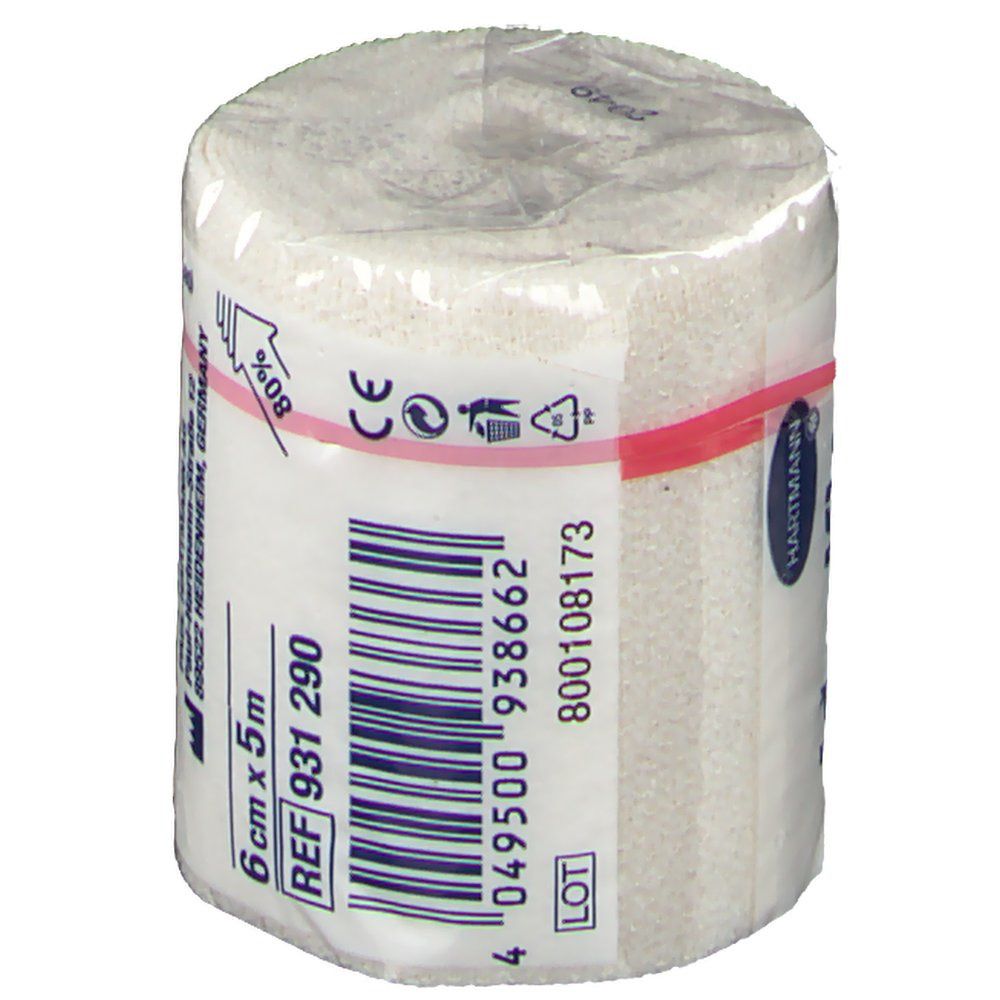 Bendaggio elastico, 6cm x 5m. Scritta: Idealflex, Hartmann, REF 931 290.