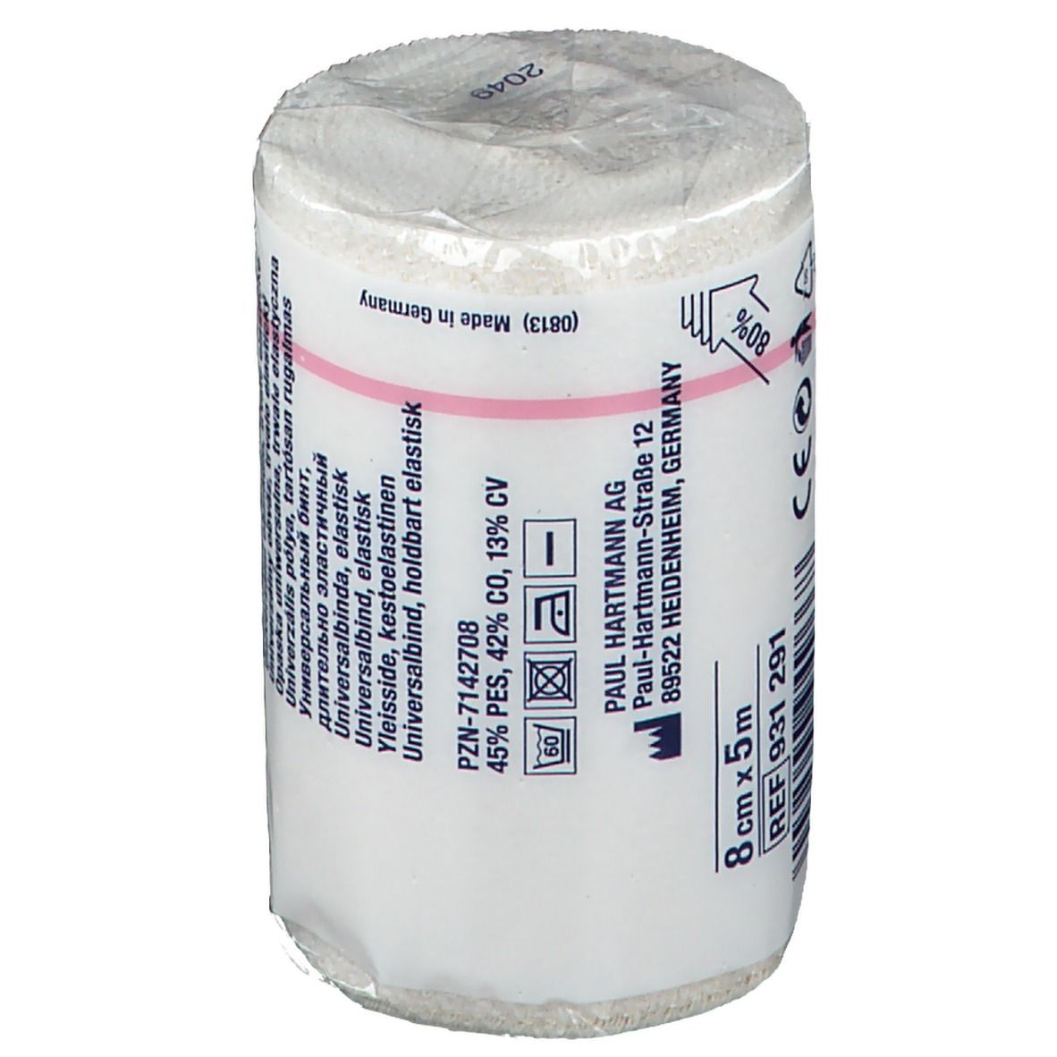 Benda universale elastica arrotolata, confezionata. Stampa con informazioni, tra cui 8 cm x 5 m.