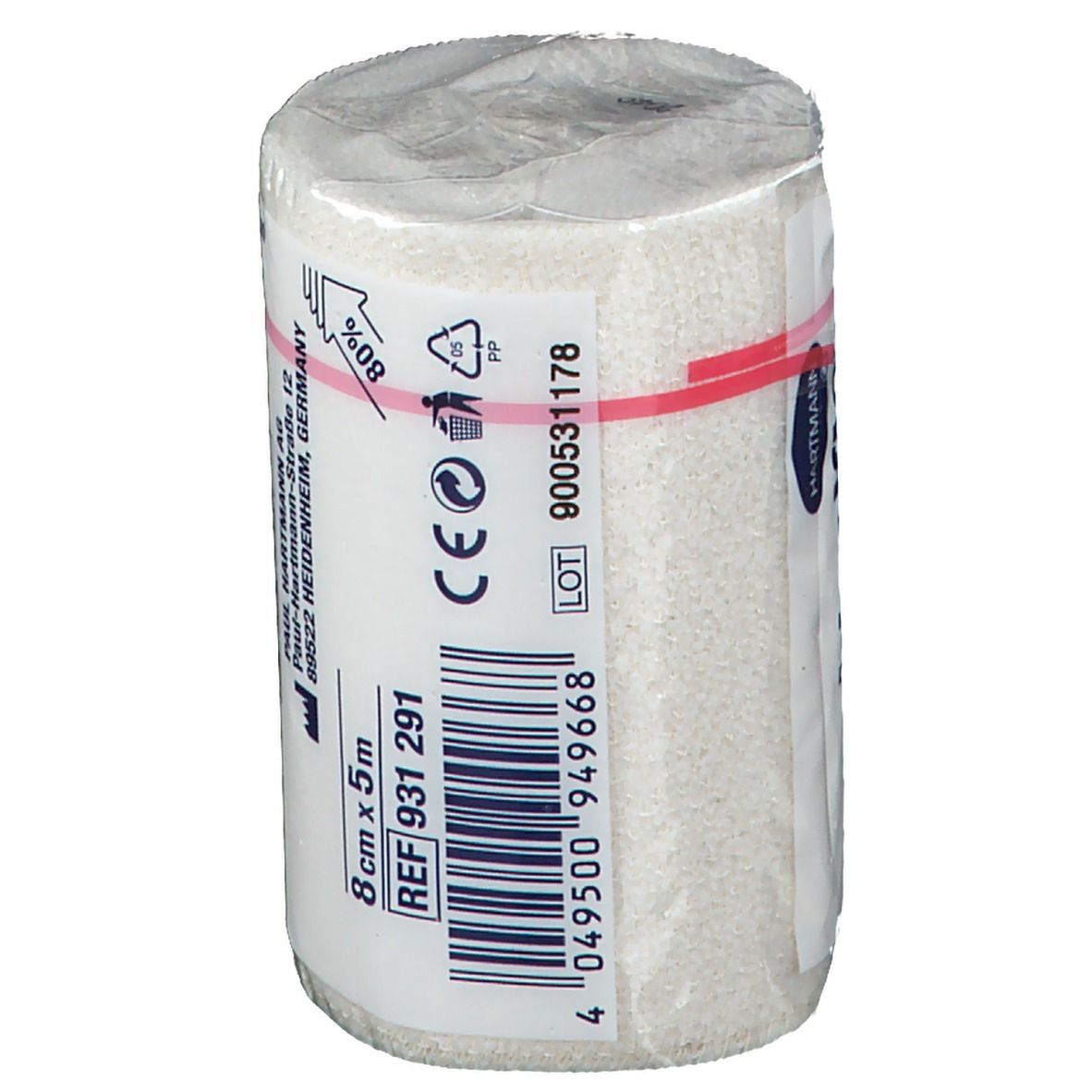 Benda universale elastica arrotolata, confezionata. Stampa con informazioni, tra cui 8 cm x 5 m.