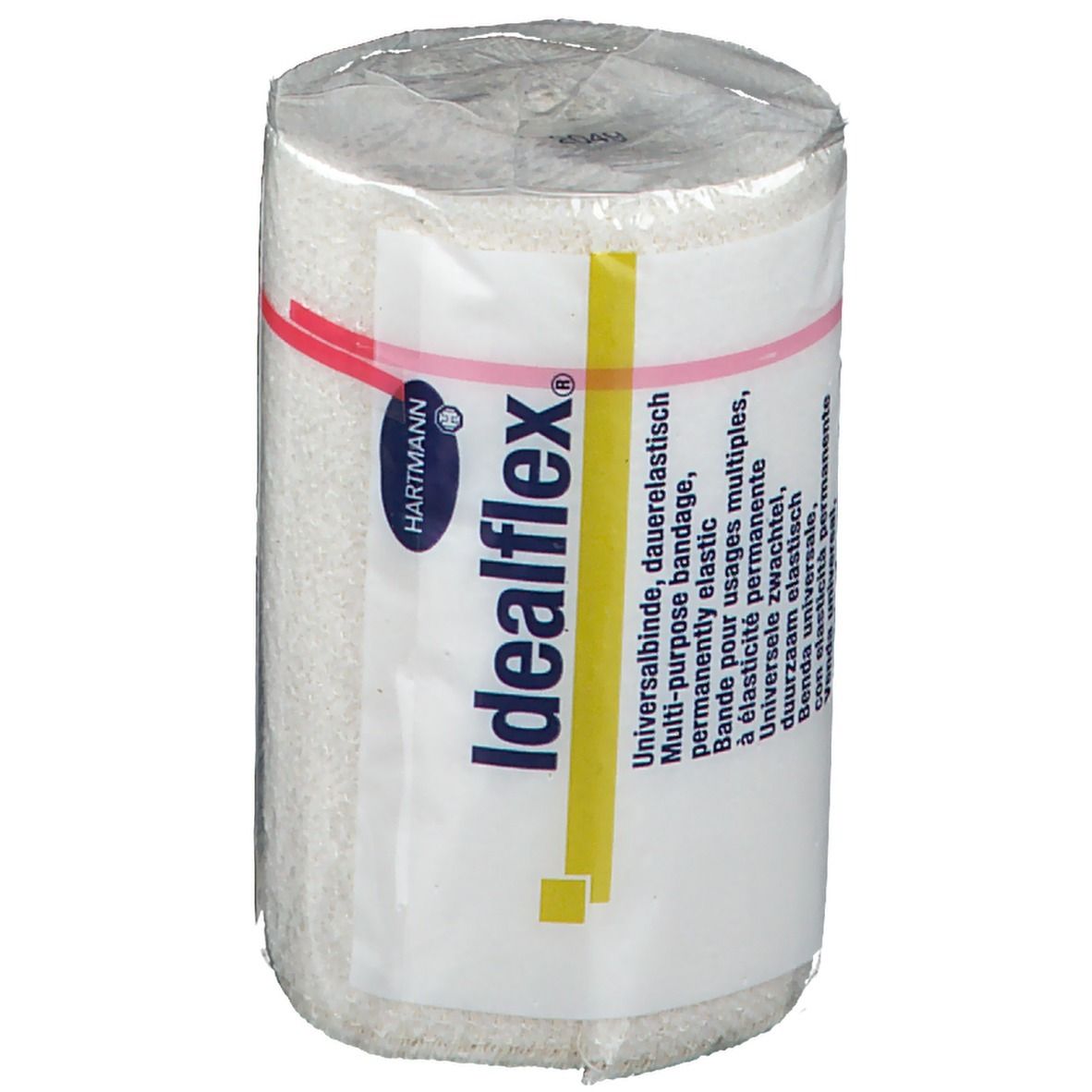 Benda universale elastica arrotolata, confezionata. Stampa con informazioni, tra cui 8 cm x 5 m.