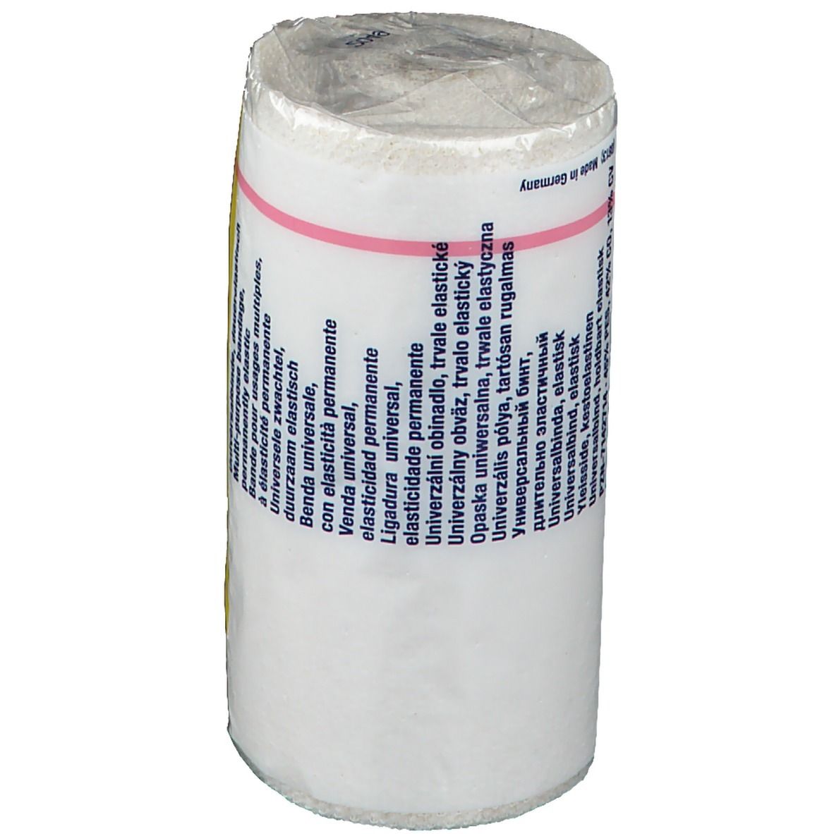Benda universale Hartmann Idealflex, arrotolata in pellicola. Testo sulla confezione in più lingue. Banda rosa.