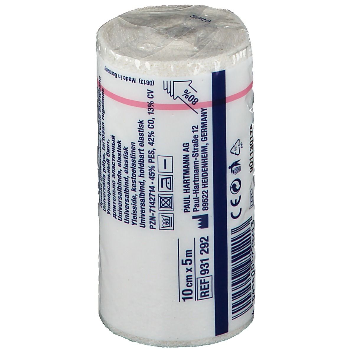 Benda universale Hartmann Idealflex, 10cm x 5m. Confezione con informazioni sul prodotto, simboli di lavaggio, marchio CE.