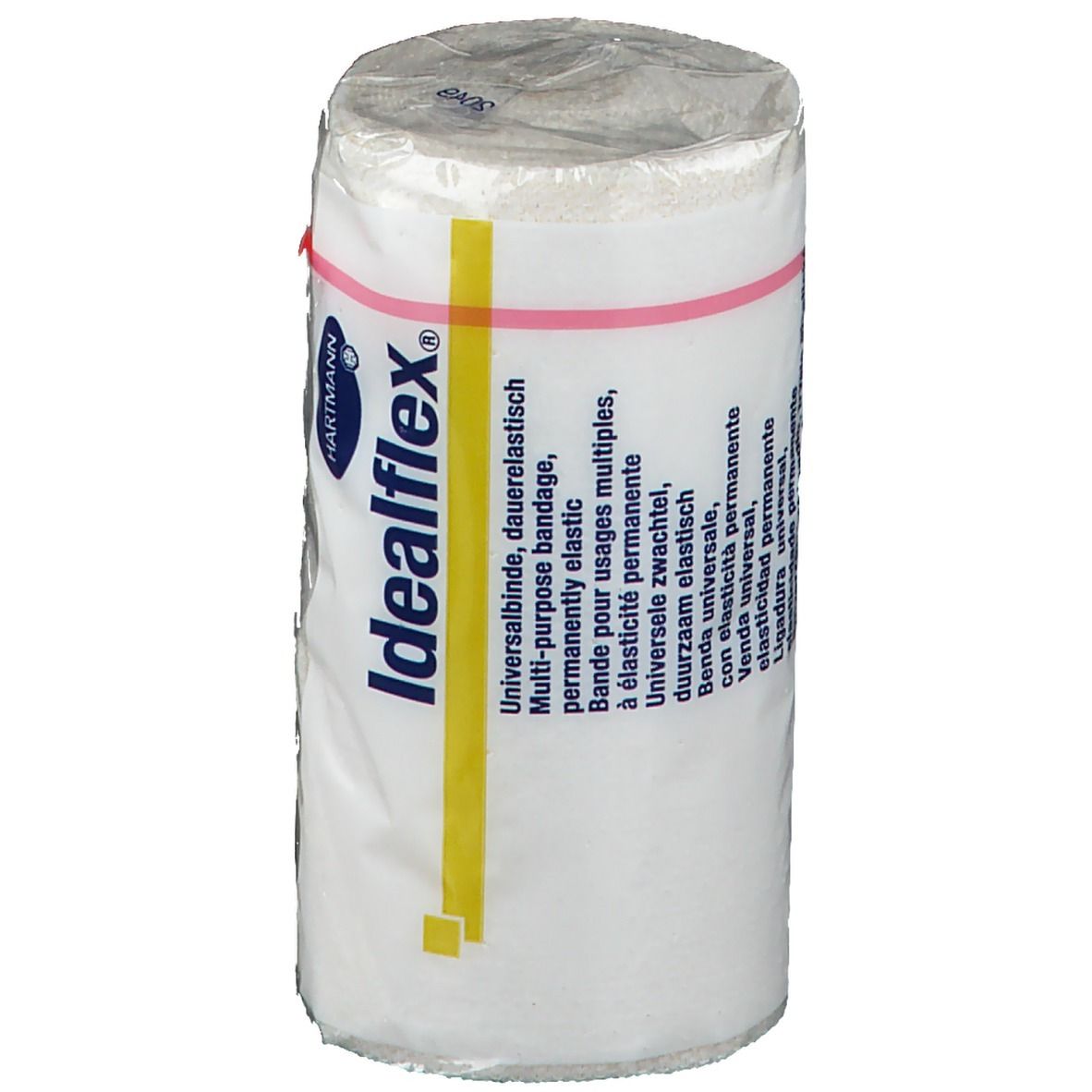 Benda universale Hartmann Idealflex. Bianca, arrotolata in pellicola. Striscia gialla con nome prodotto. Banda rosa. Elastica.