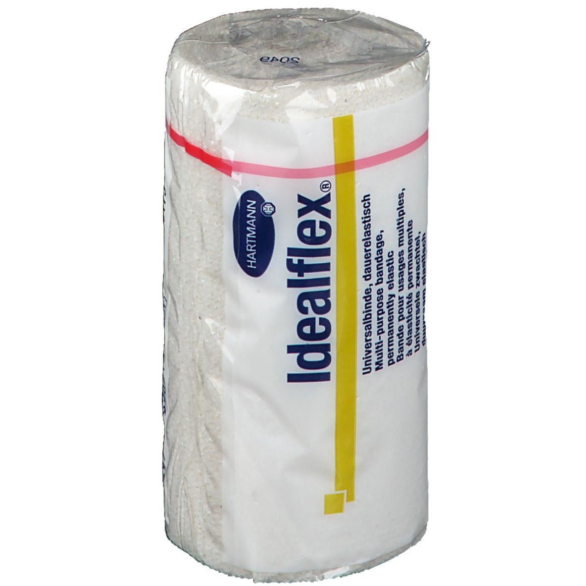 Benda universale Hartmann Idealflex. Bianca, arrotolata in pellicola. Striscia gialla con nome prodotto. Banda rosa. Elastica.